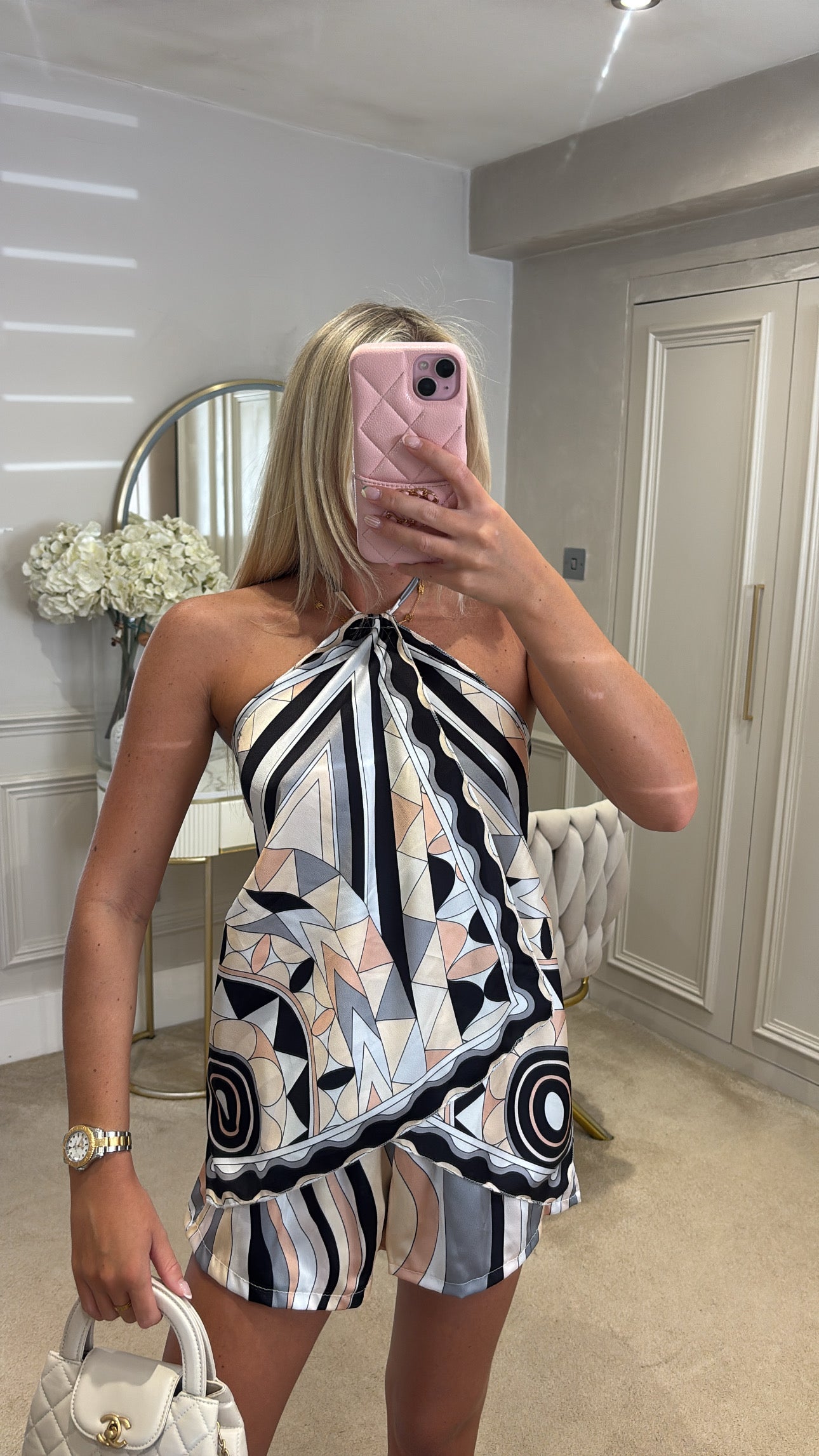 Silk pattern halter neck short set