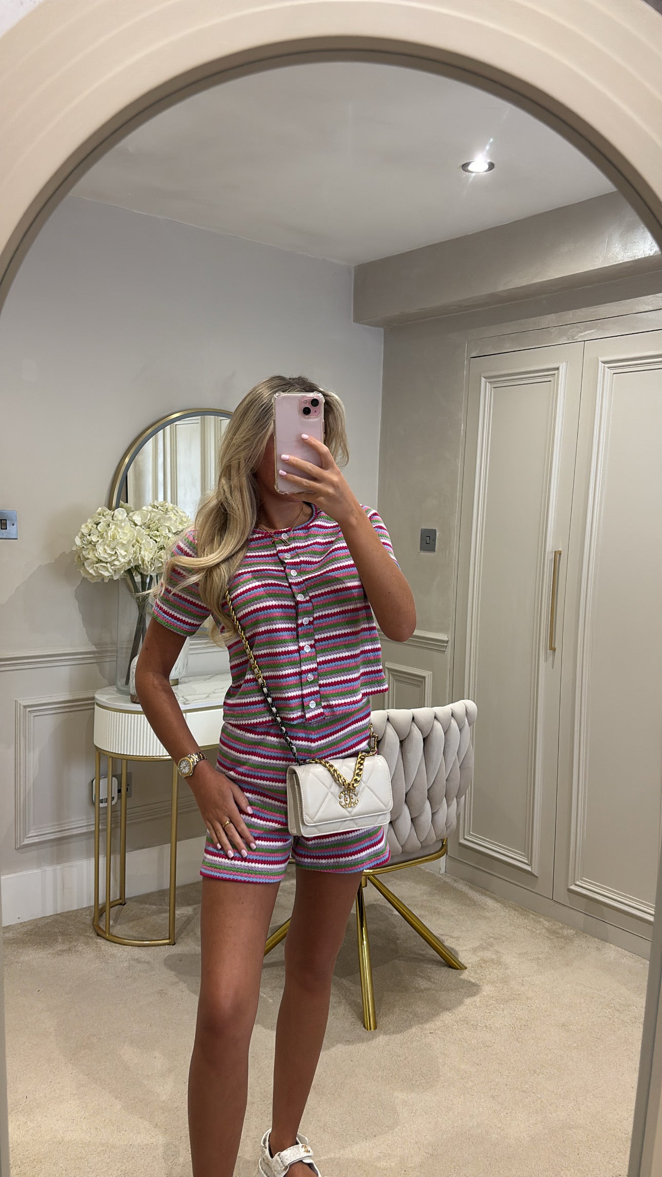 Stripe button up short set