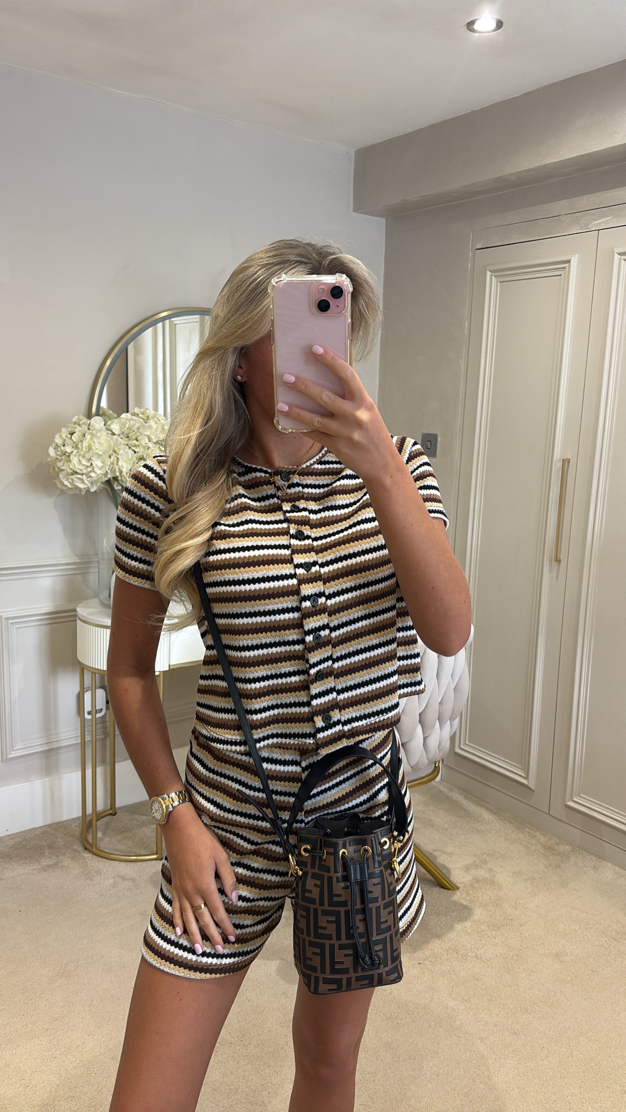 Stripe button up short set