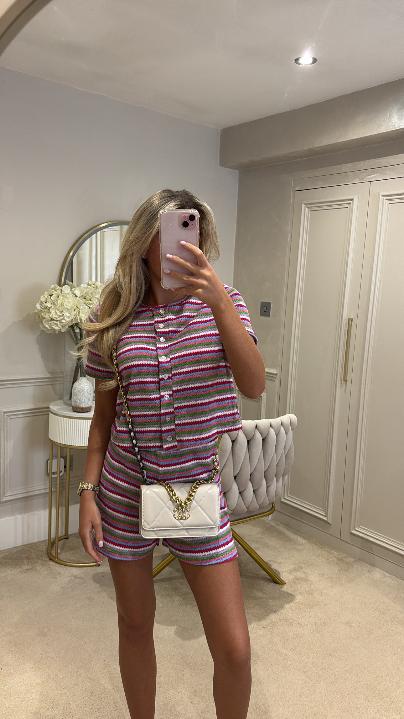 Stripe button up short set
