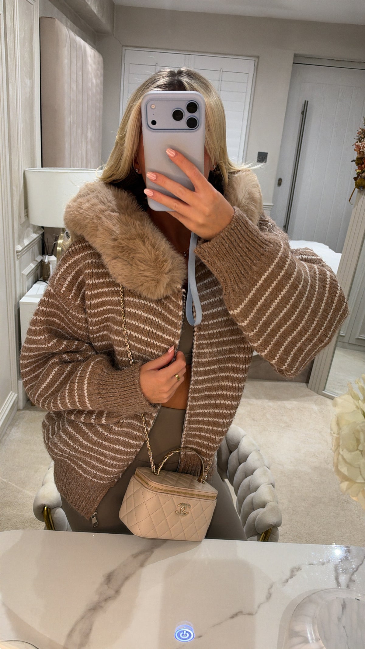 Knit stripe fur cardigan
