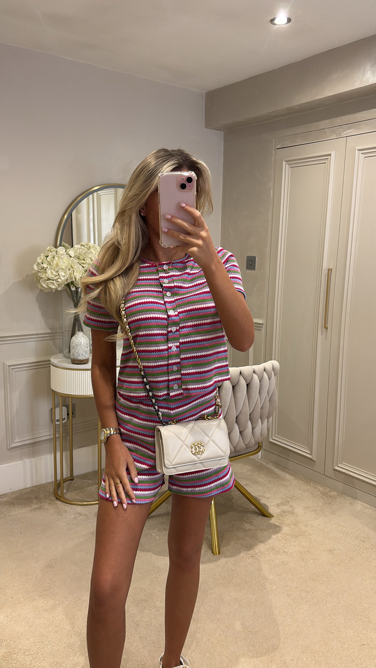 Stripe button up short set
