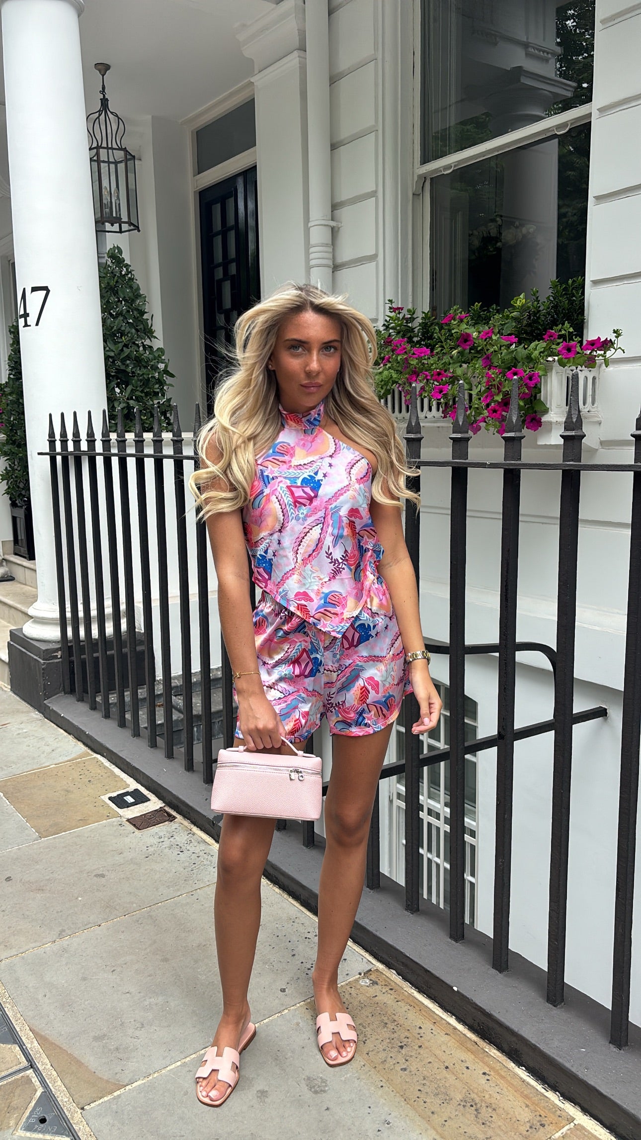 Printed silk halter neck short set