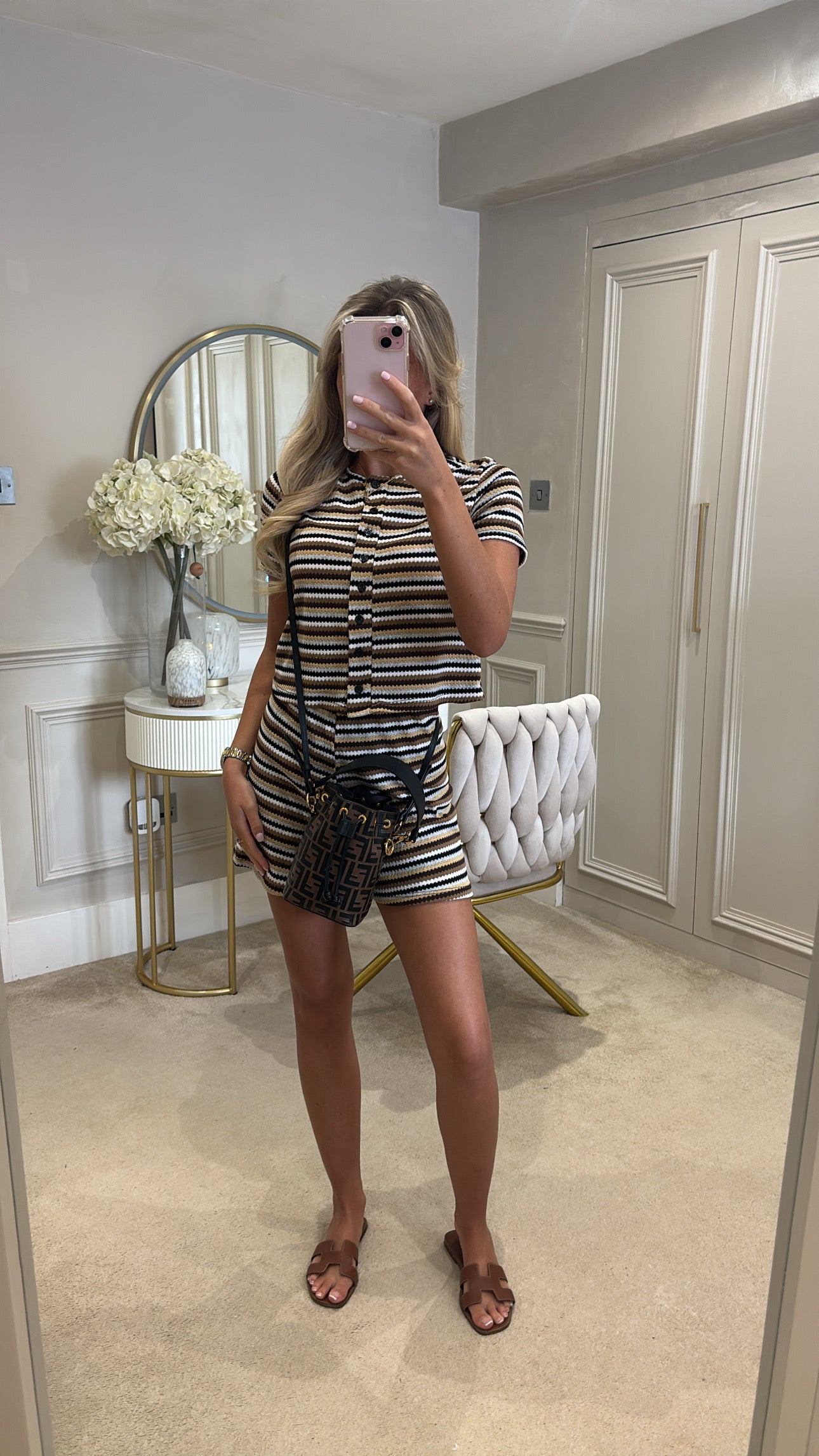 Stripe button up short set