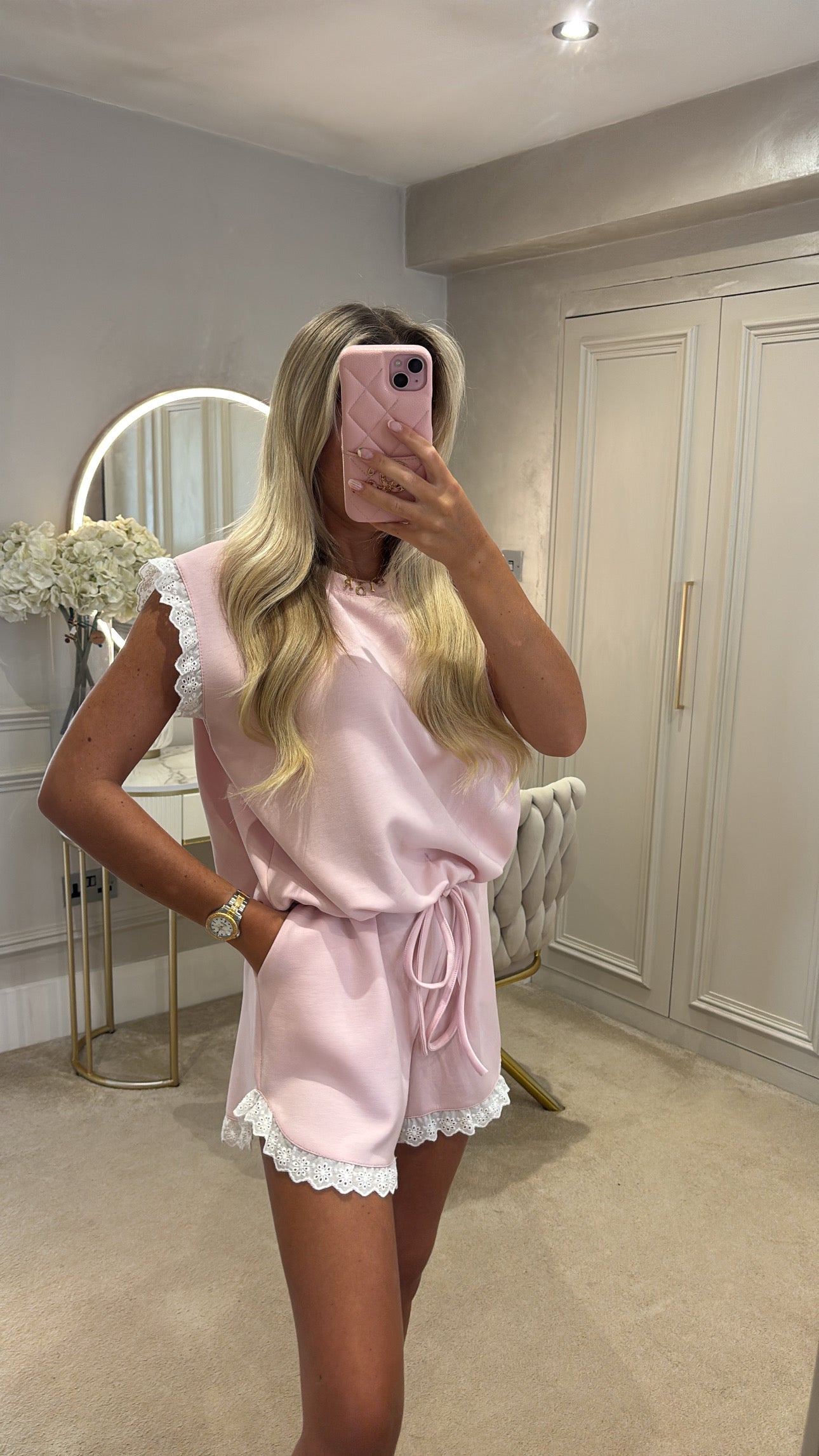 Embroidered white trim short set