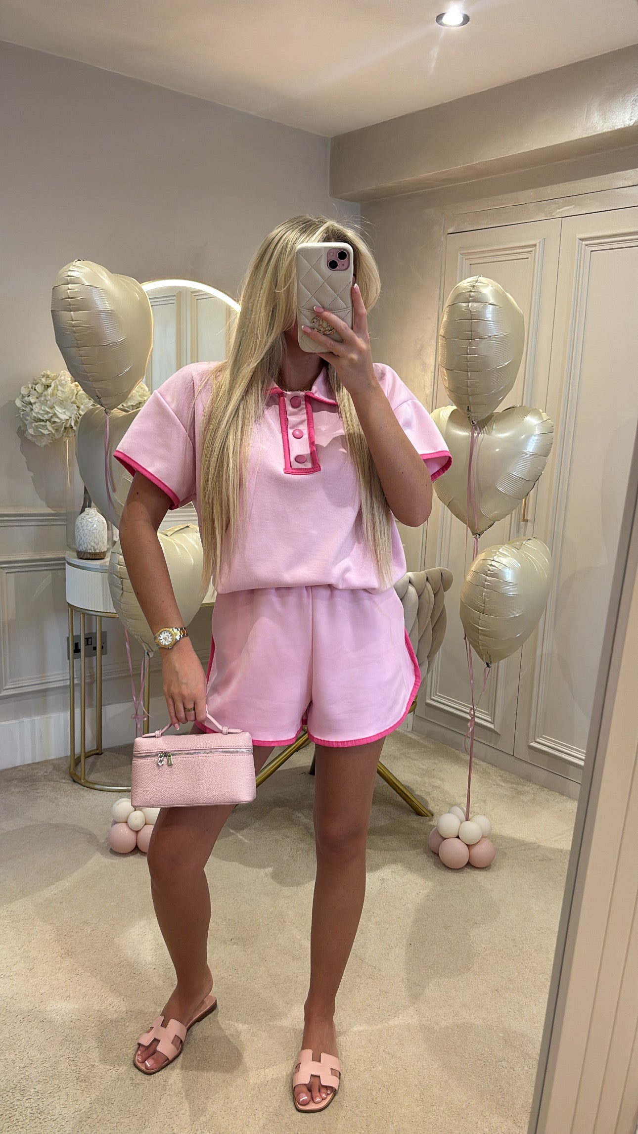 Button pink trim short set