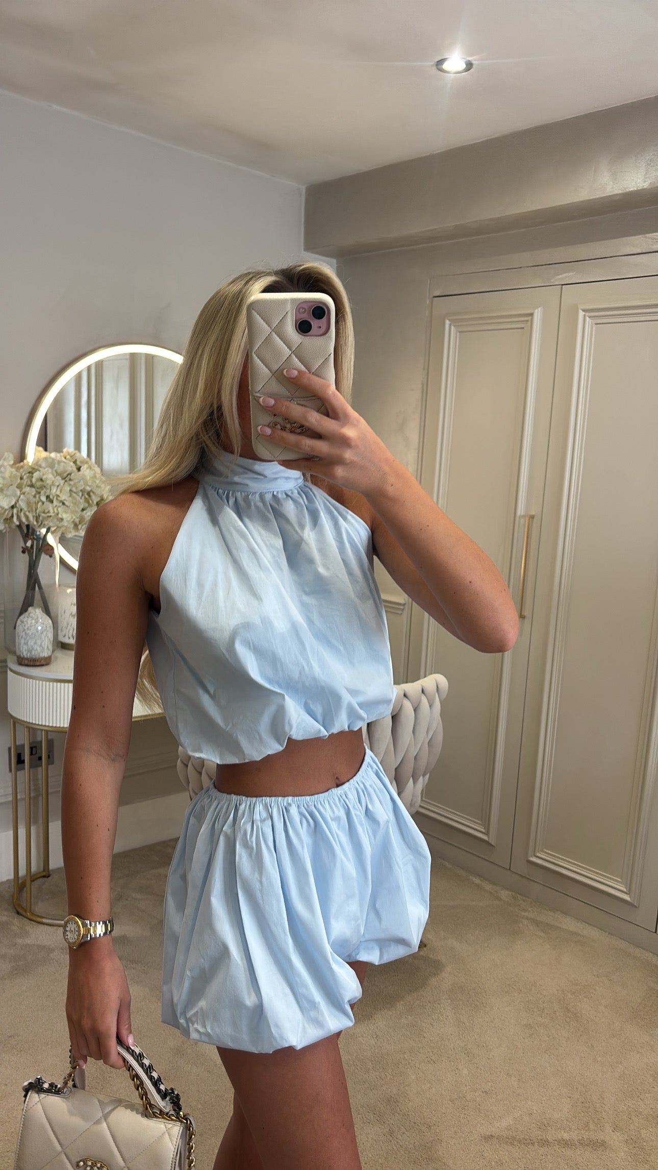 Halter neck puff ball short co-ord