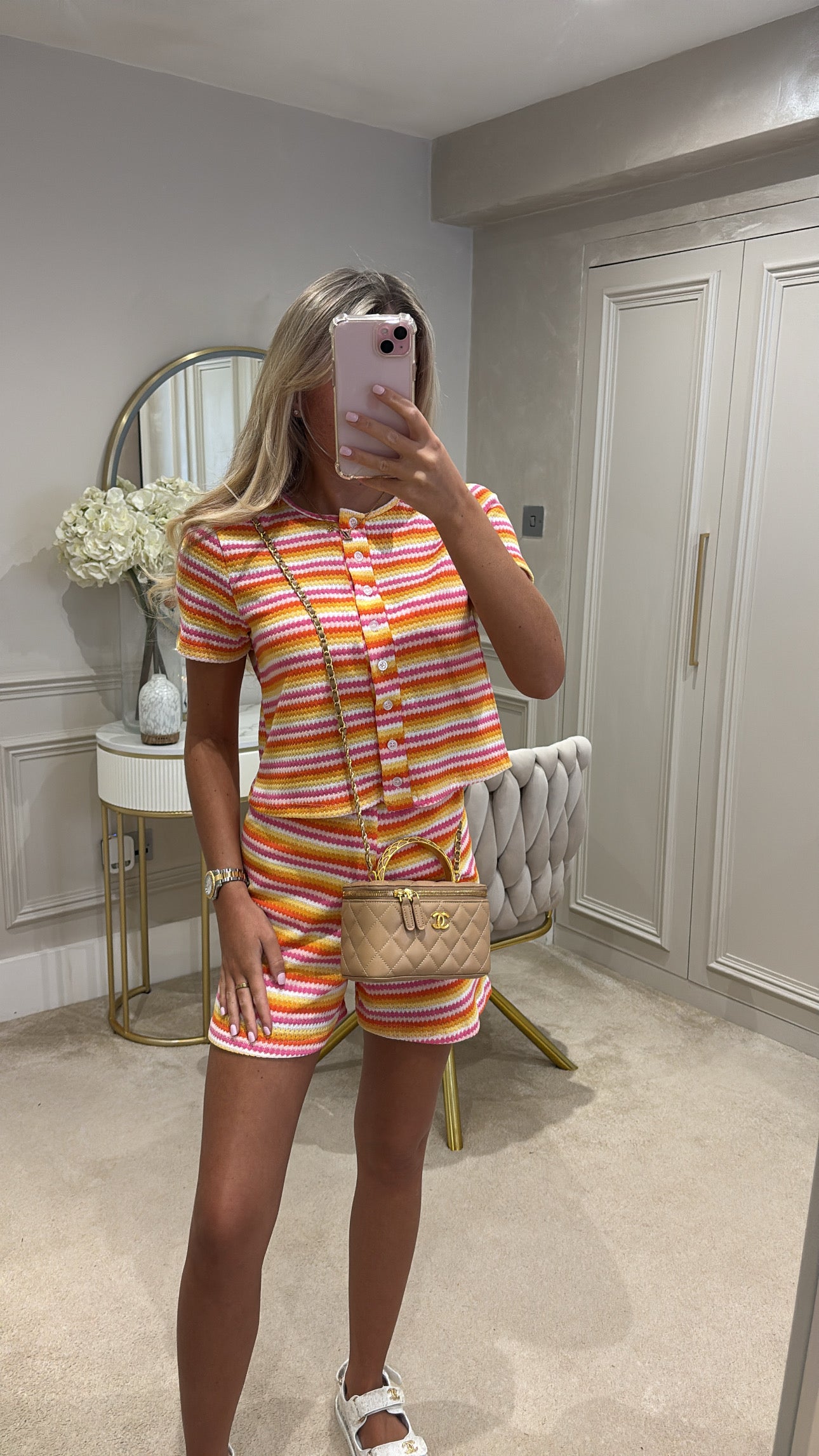 Stripe button up short set