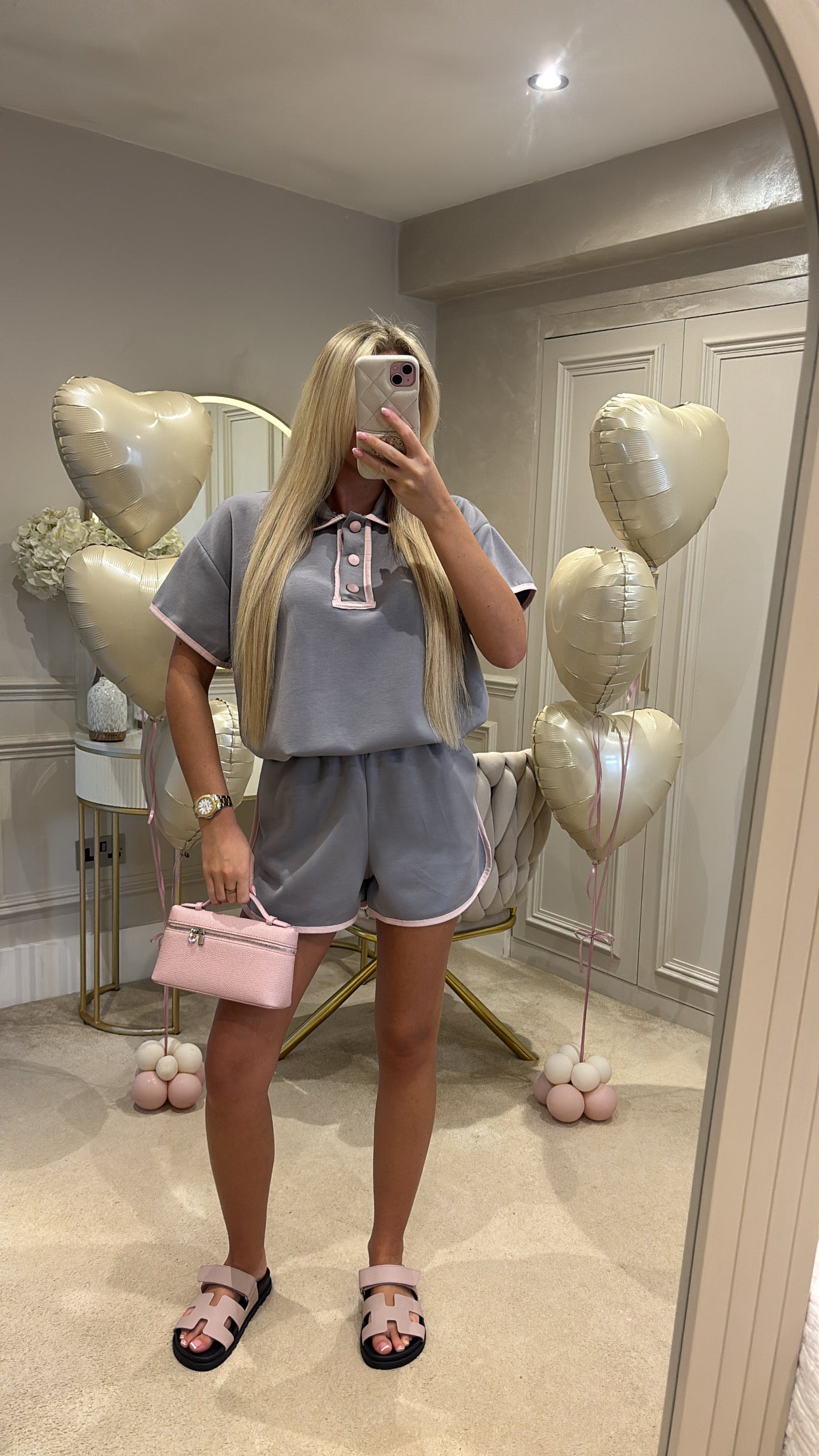 Button pink trim short set