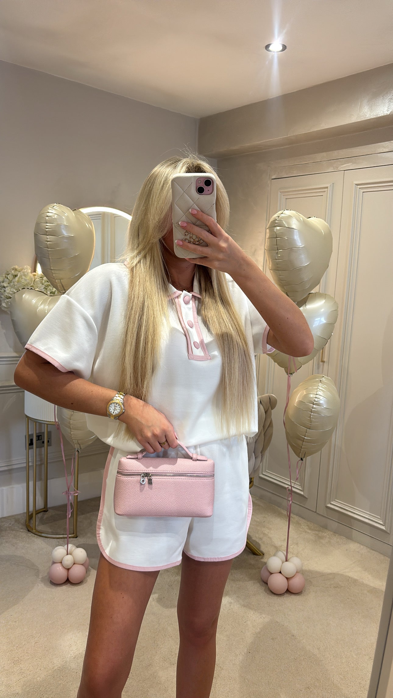 Button pink trim short set