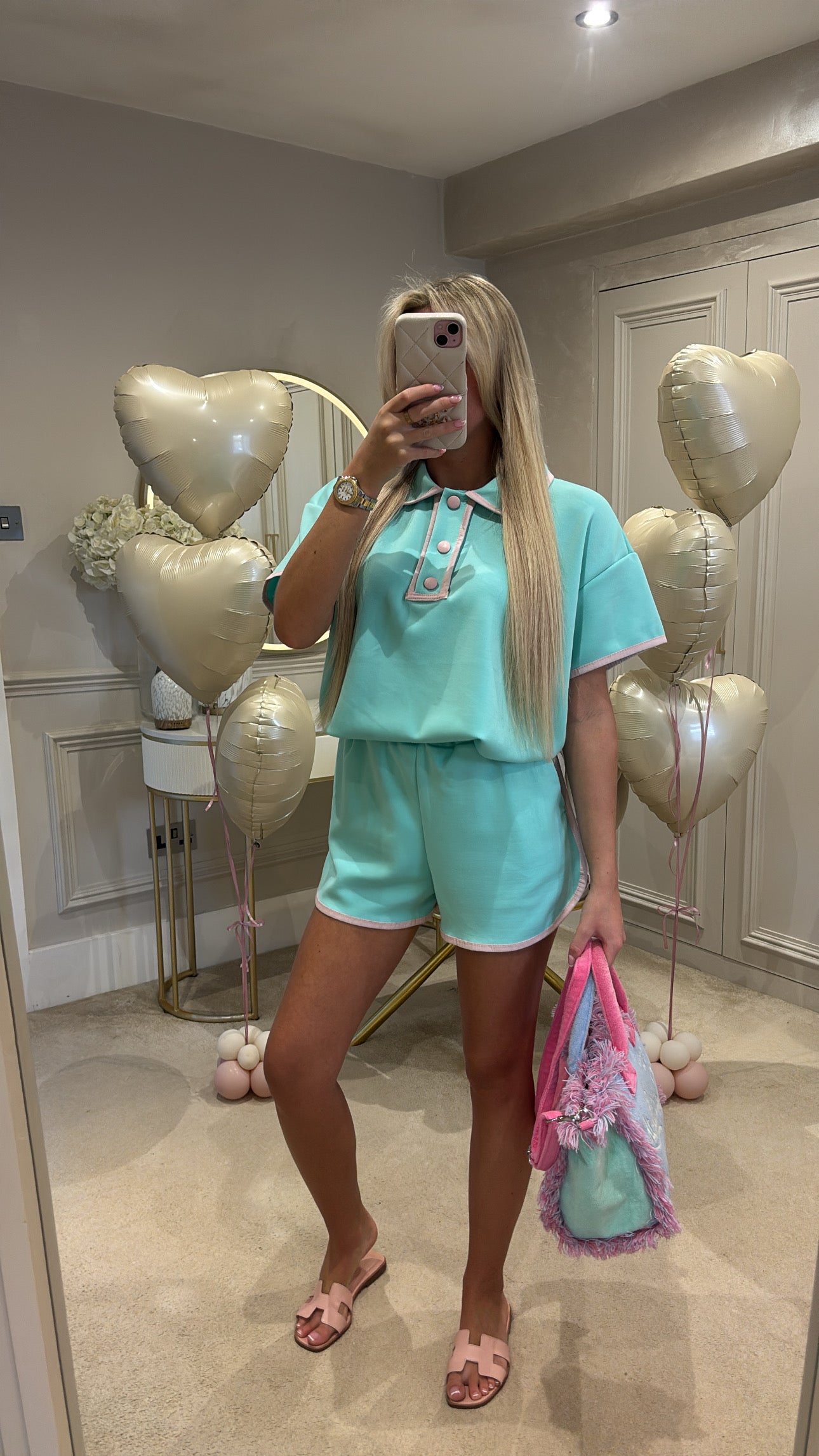 Button pink trim short set