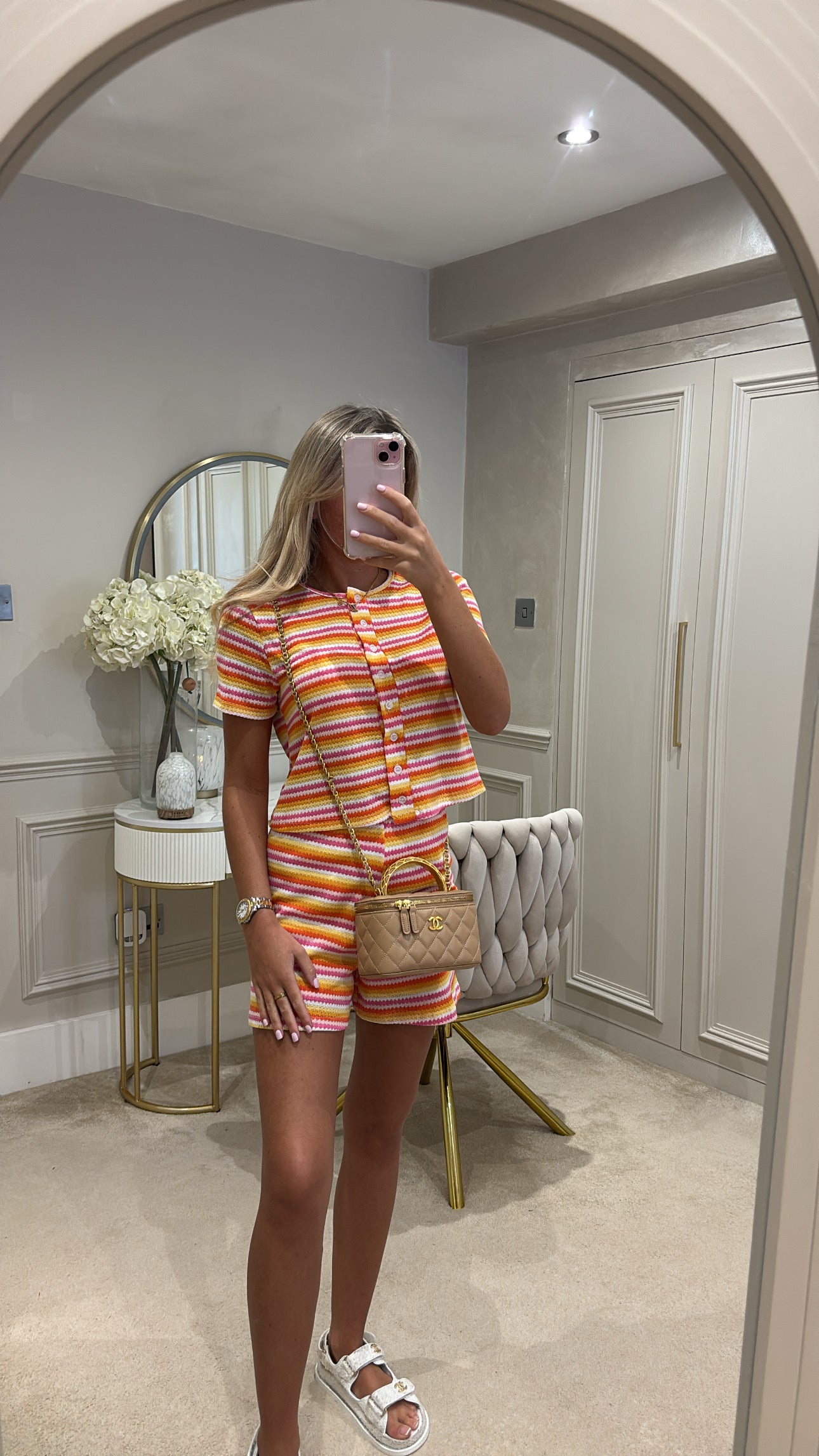 Stripe button up short set