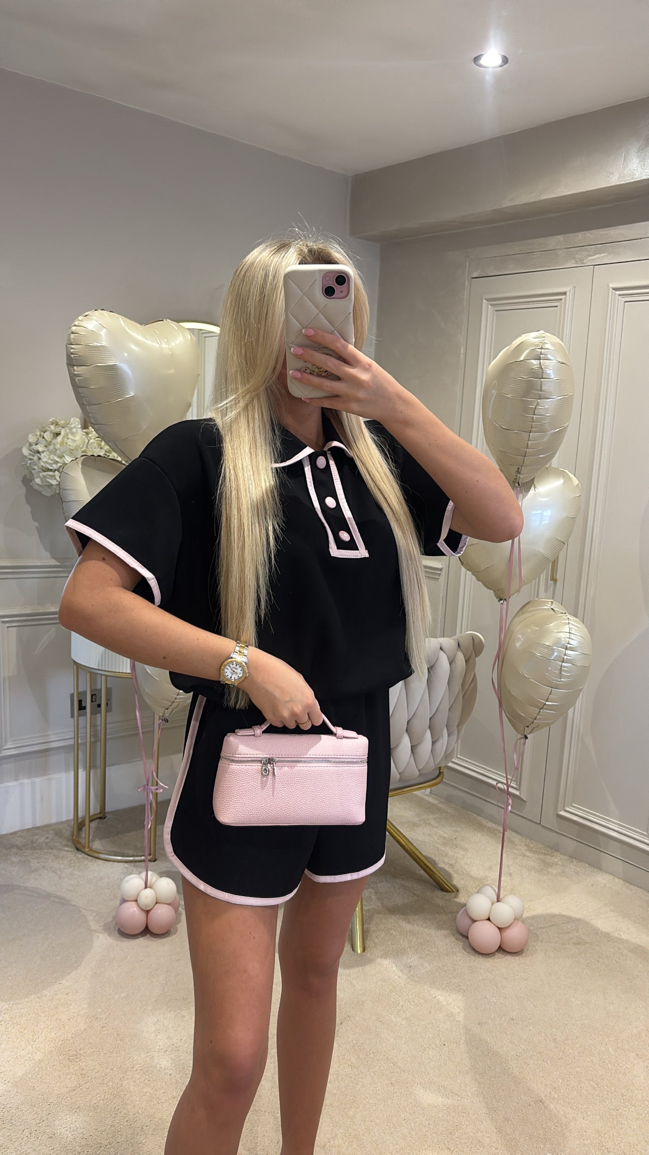 Button pink trim short set