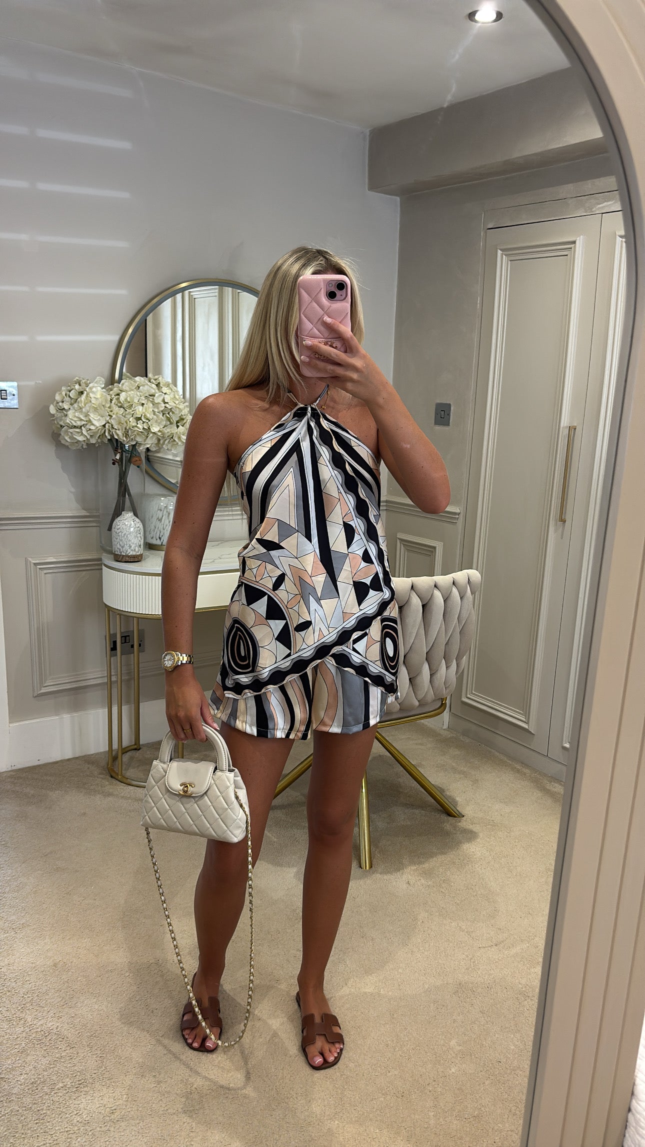 Silk pattern halter neck short set