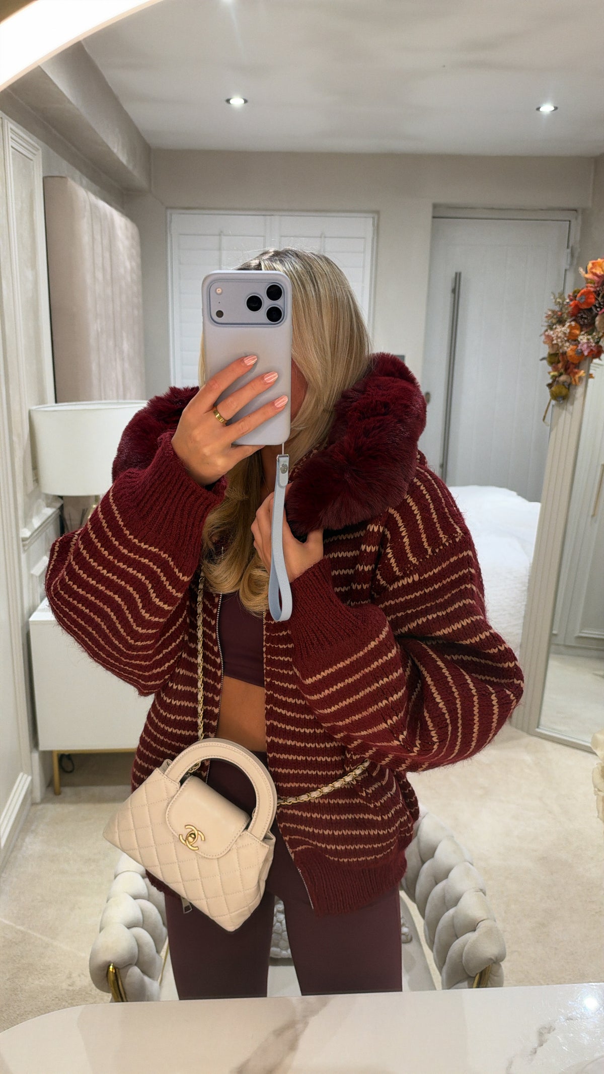 Knit stripe fur cardigan