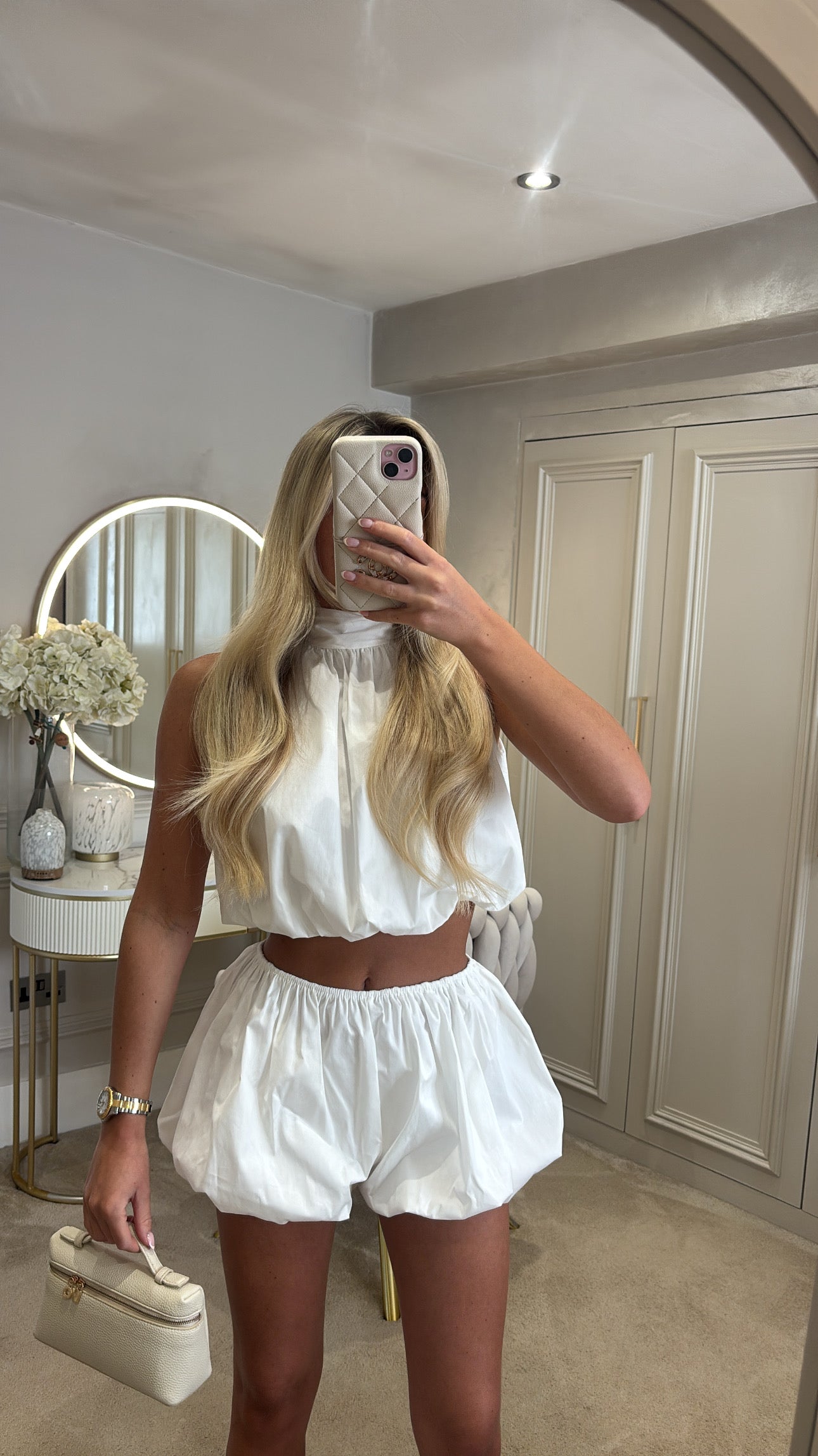 Halter neck puff ball short co-ord