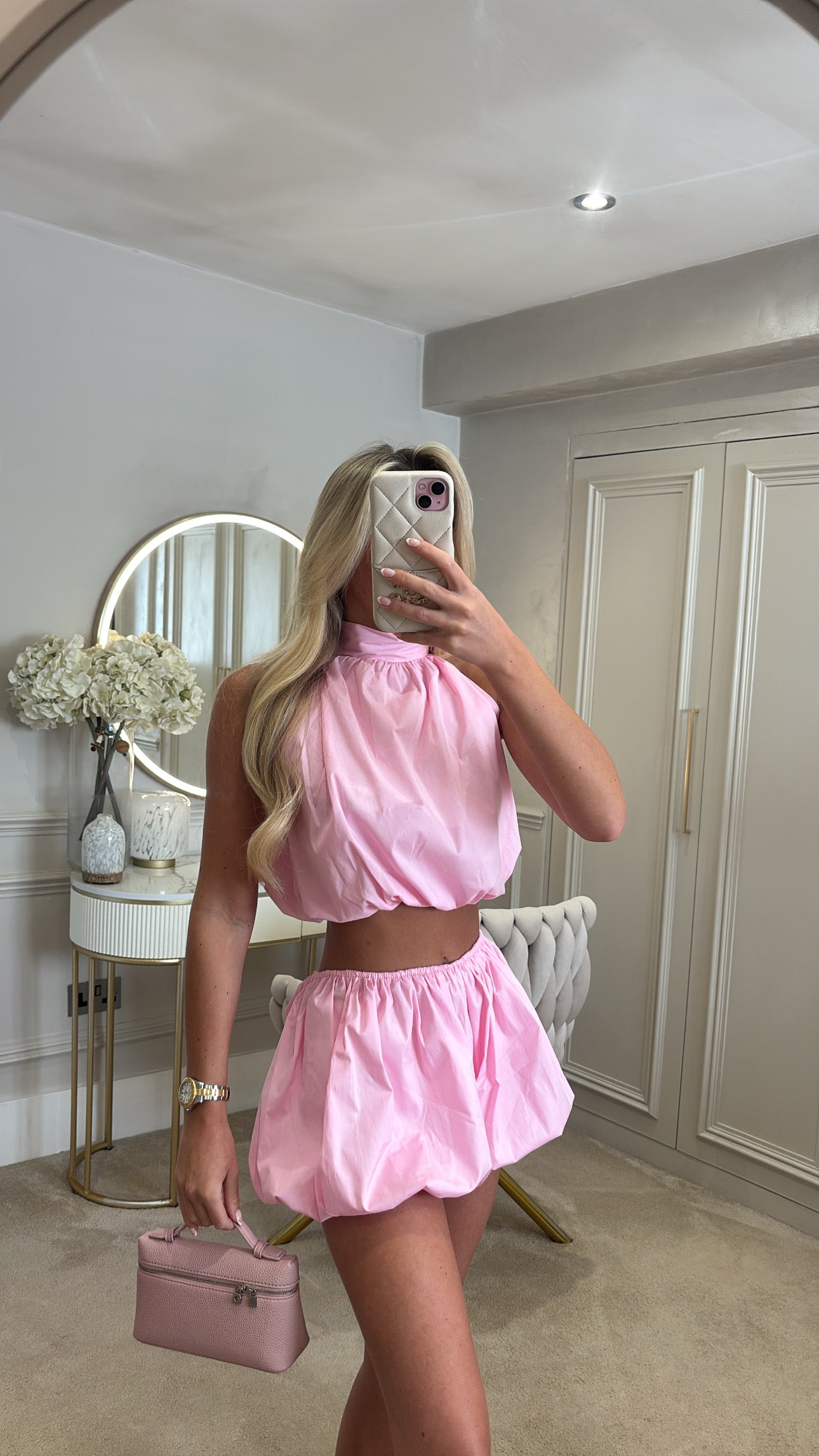 Halter neck puff ball short co-ord