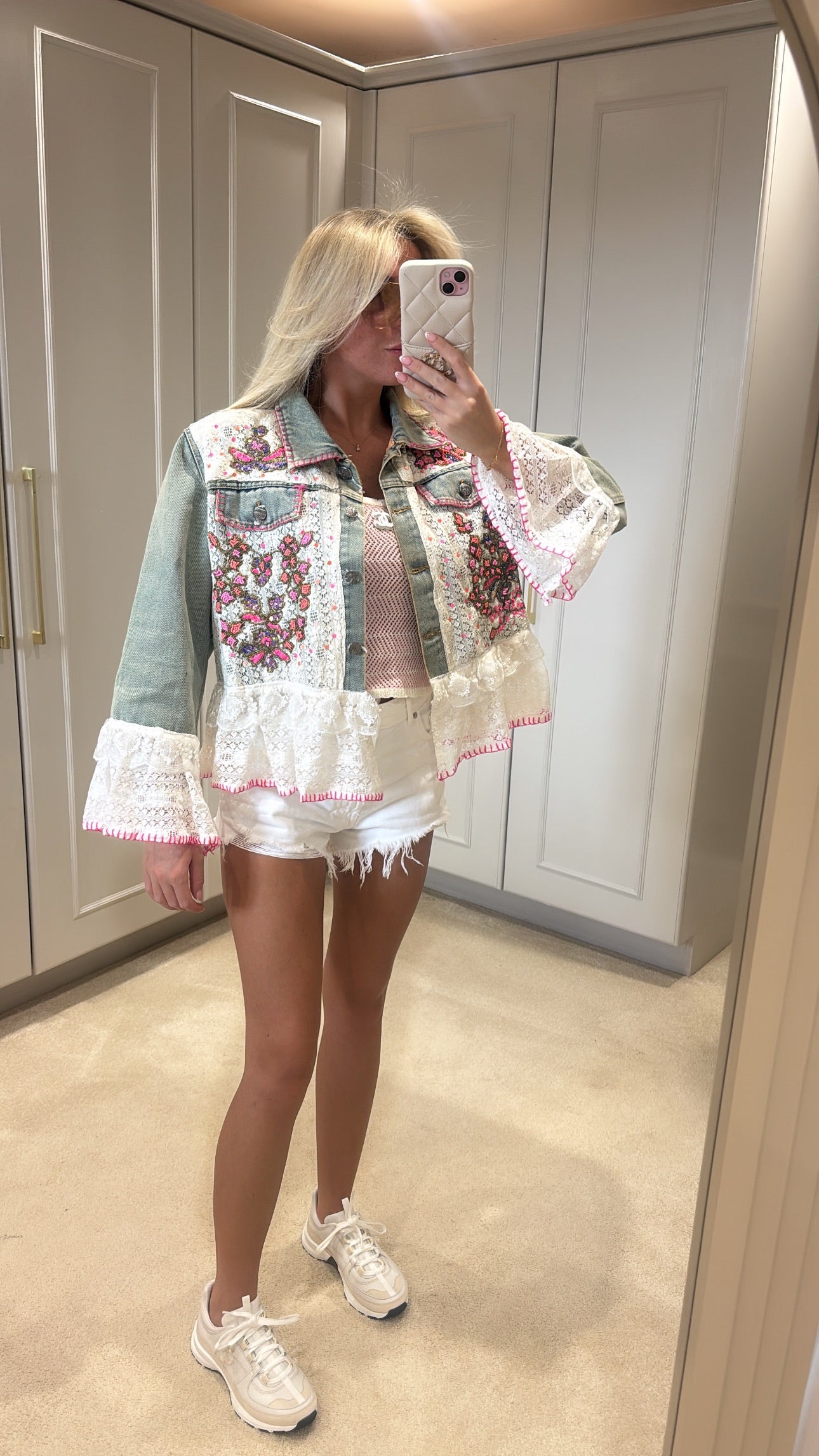 Beaded frill denim jacket ￼