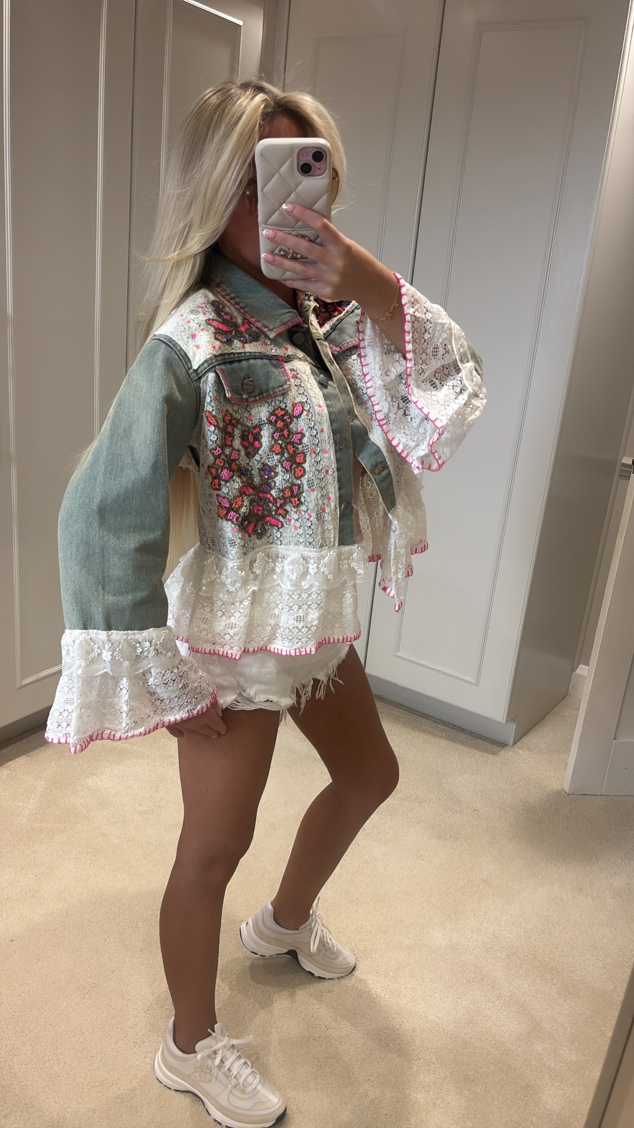 Beaded frill denim jacket ￼