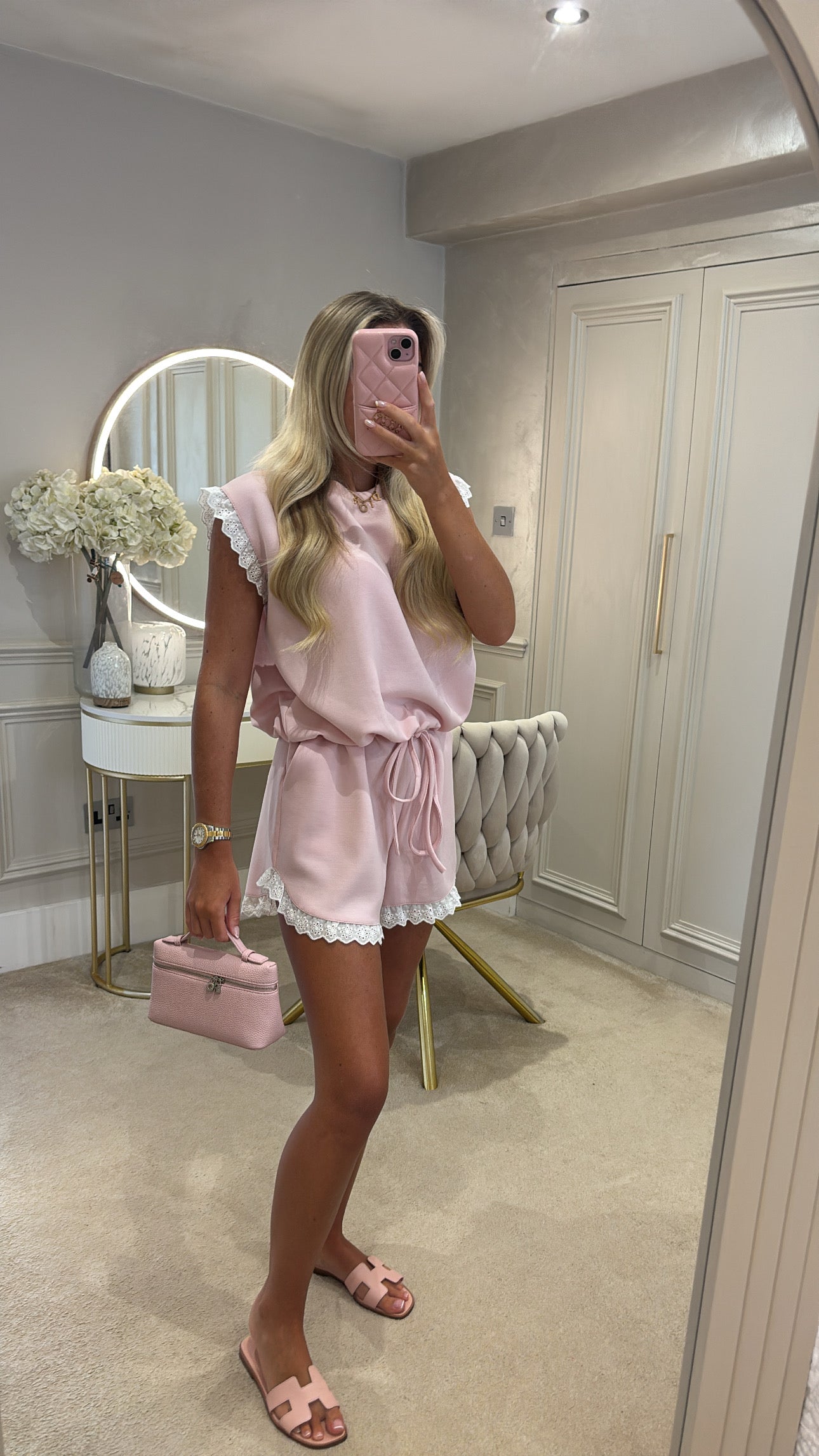 Embroidered white trim short set