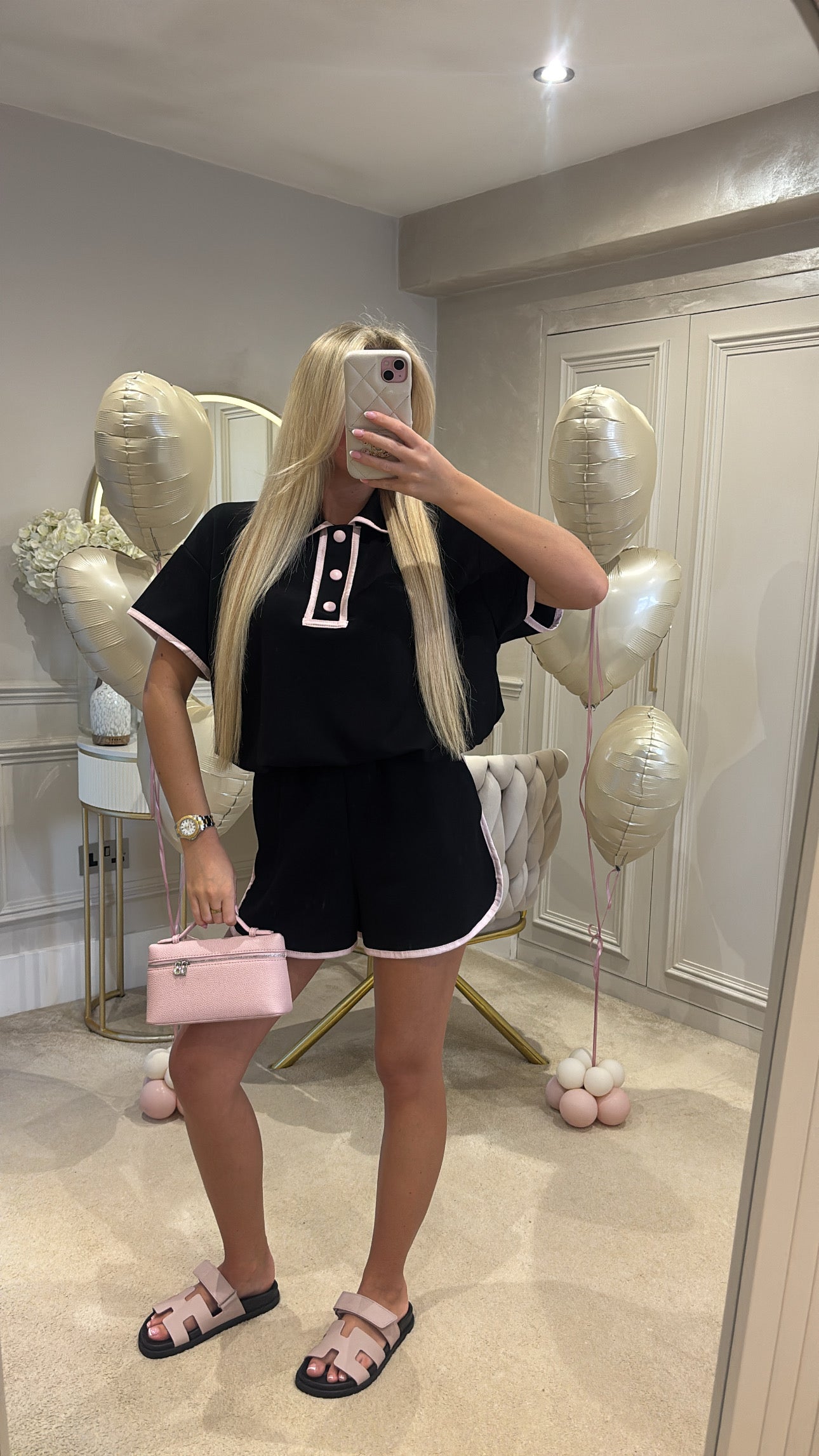 Button pink trim short set