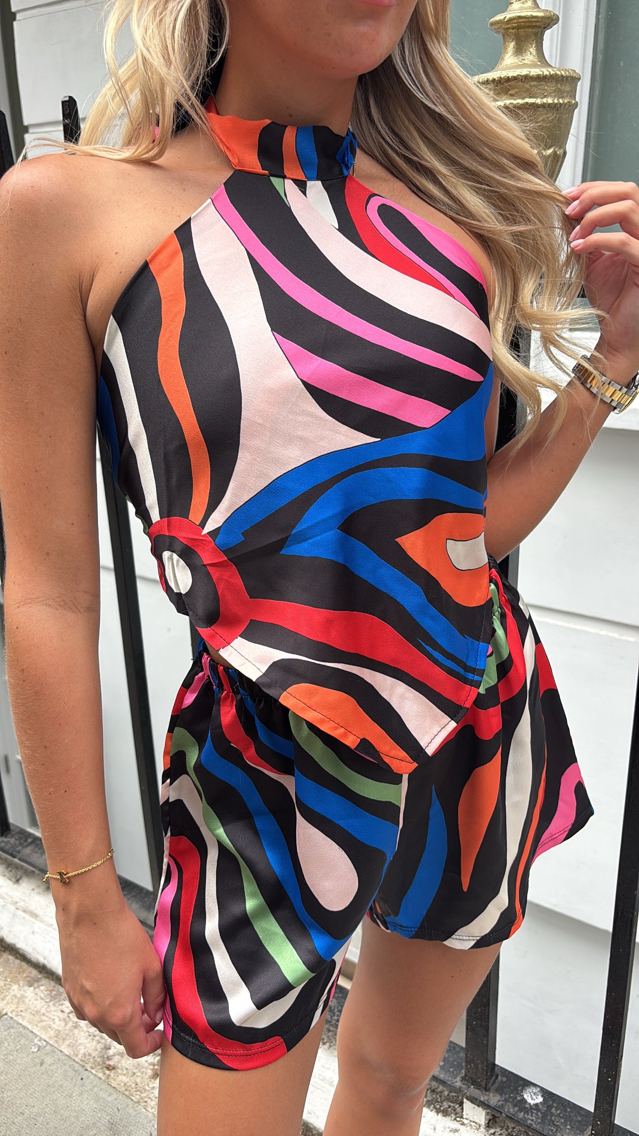 Printed silk halter neck short set