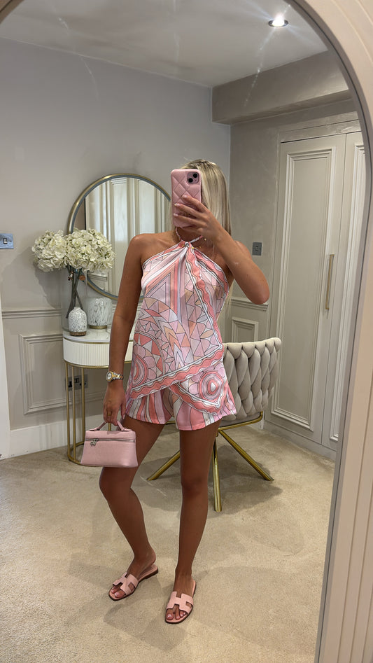 Silk pattern halter neck short set