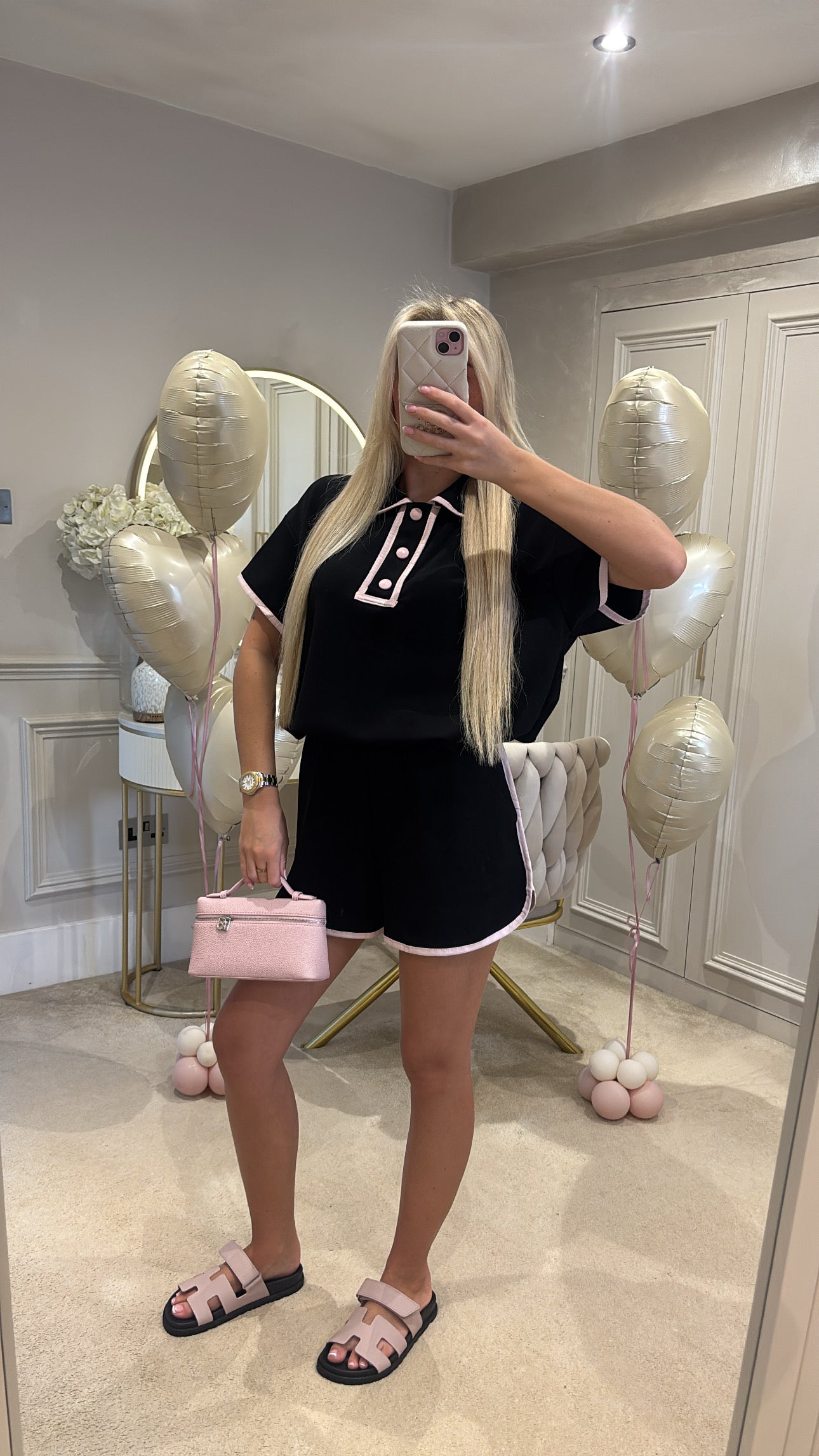 Button pink trim short set