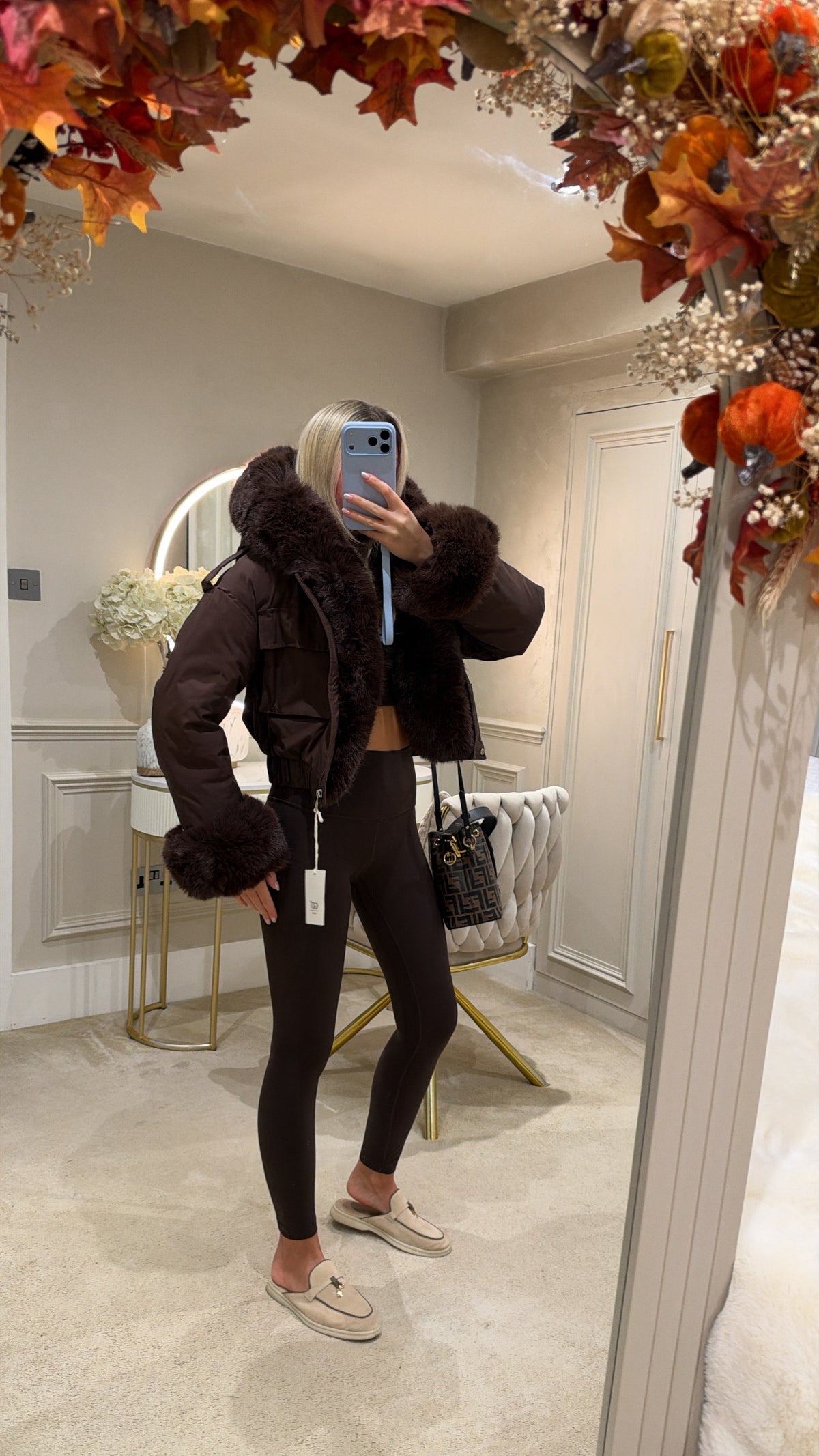 Fur cuff cropped puffer coat
