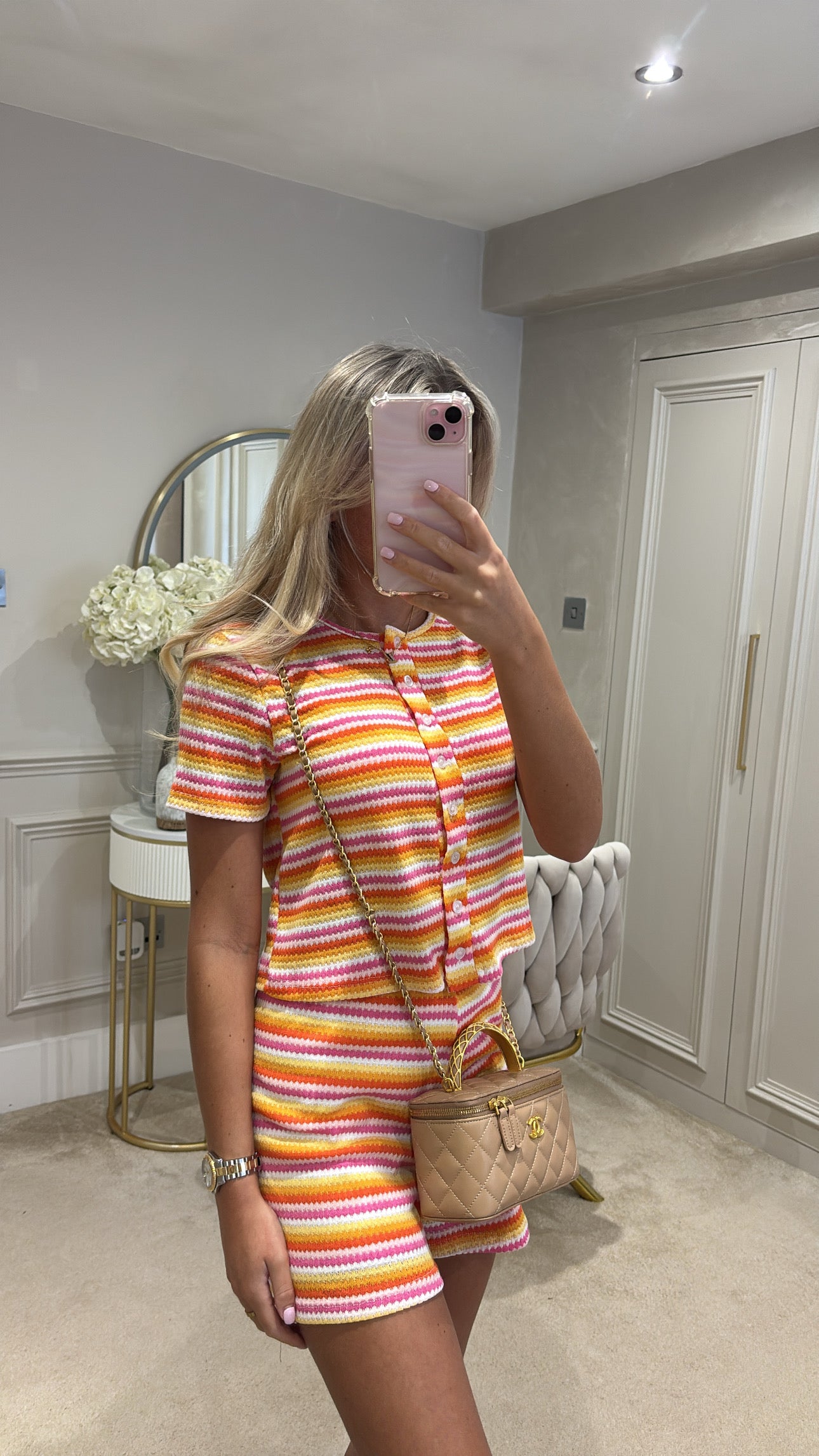 Stripe button up short set