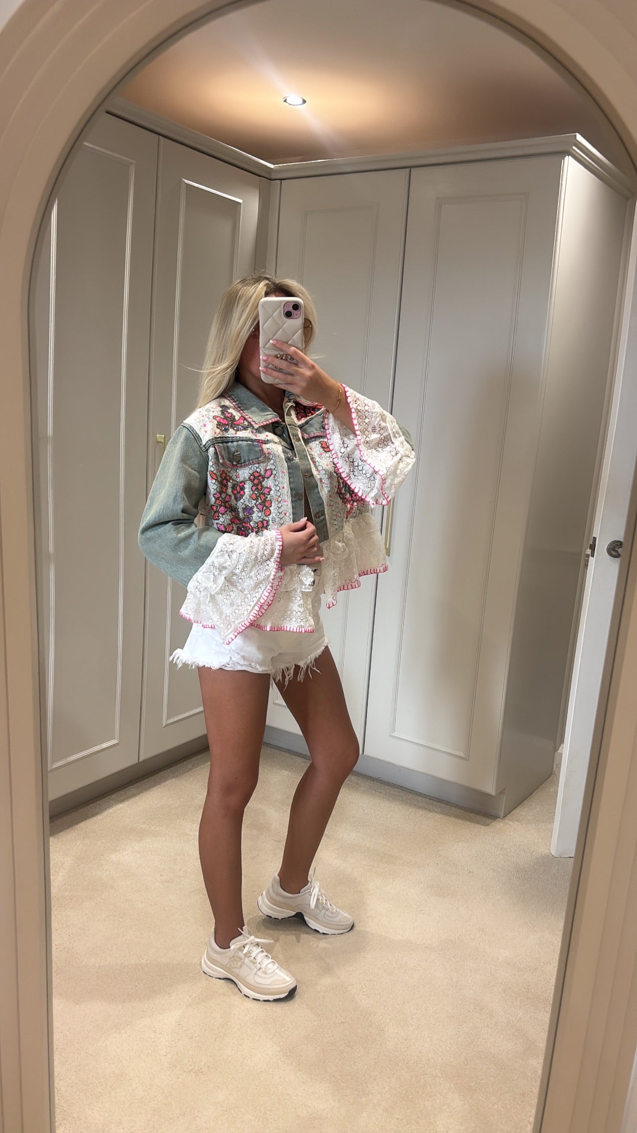 Beaded frill denim jacket ￼
