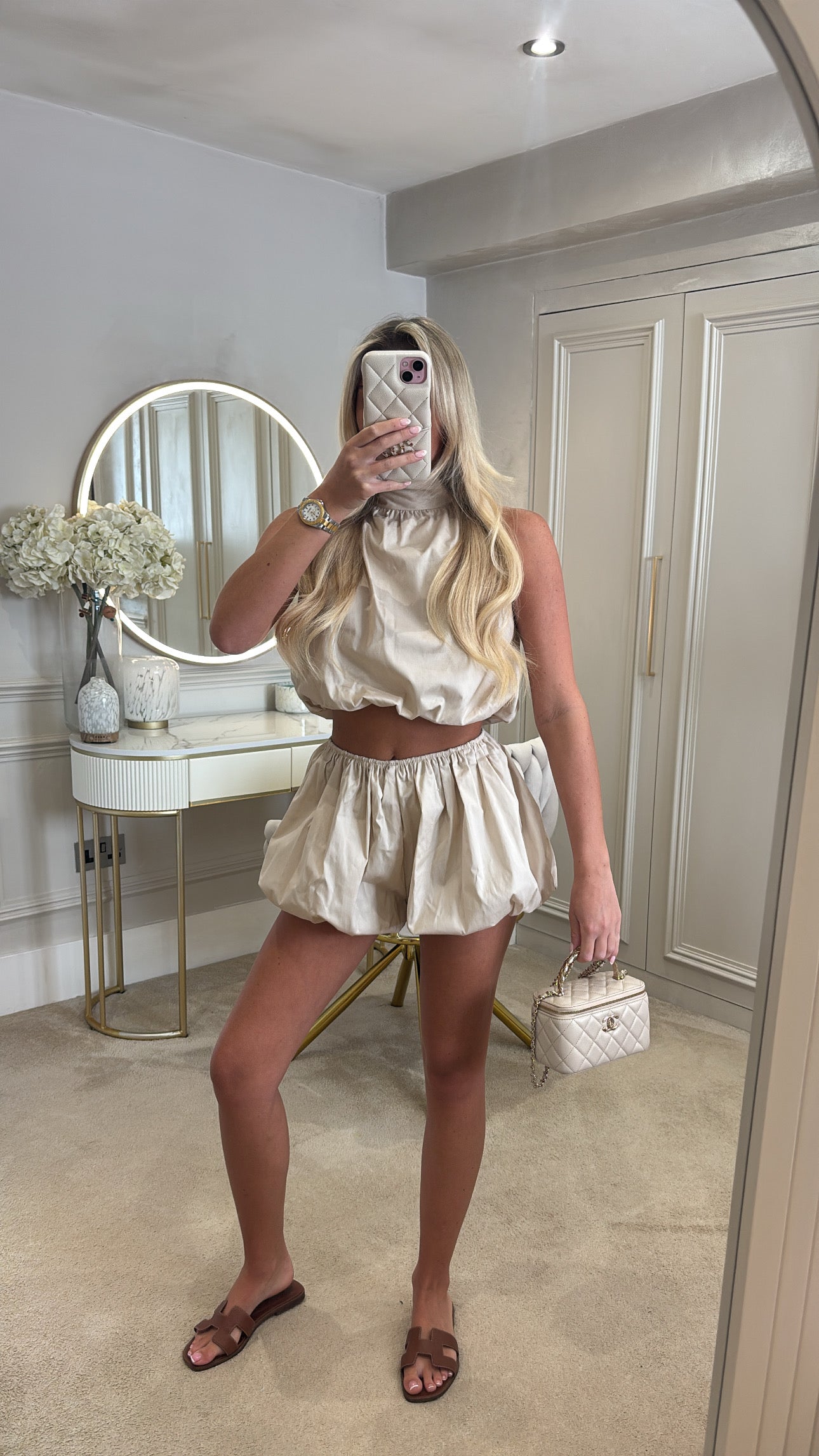 Halter neck puff ball short co-ord