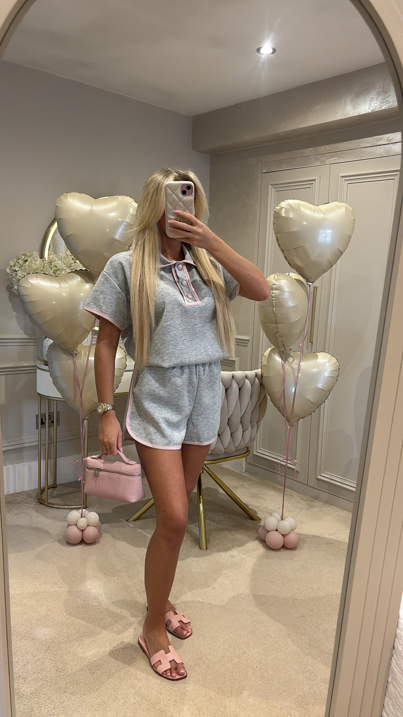 Button pink trim short set