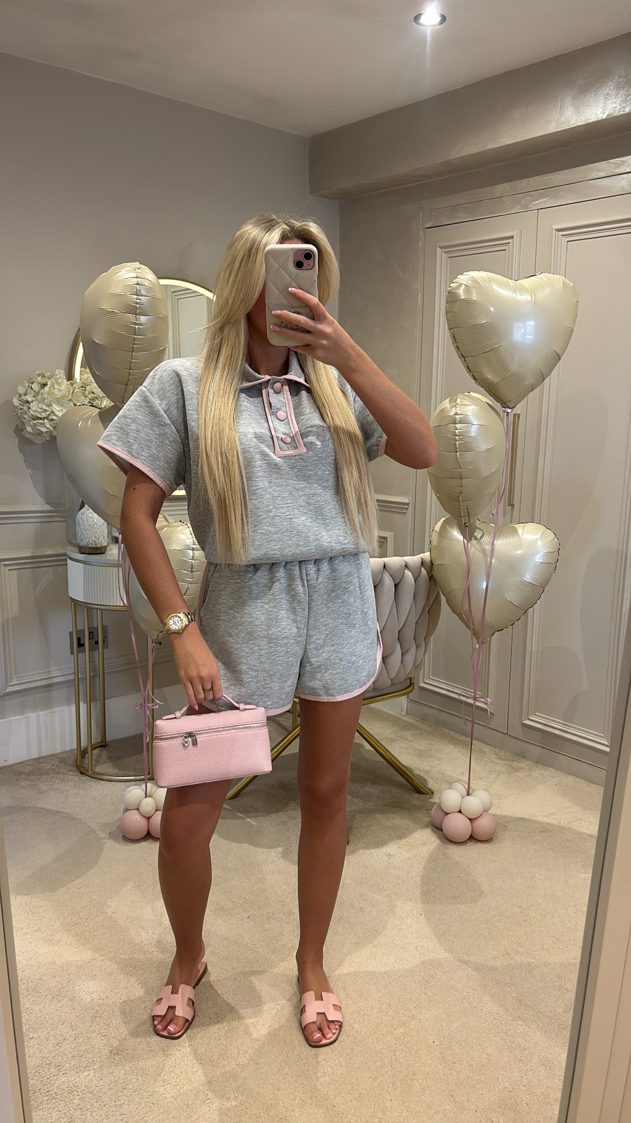Button pink trim short set