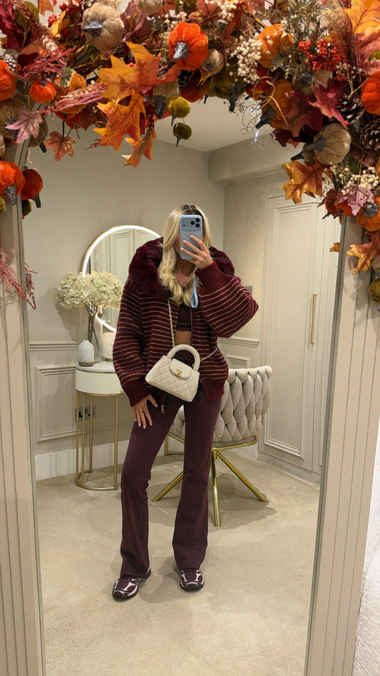 Knit stripe fur cardigan