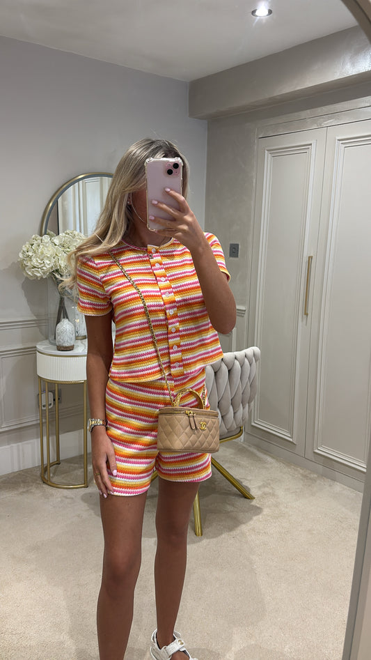 Stripe button up short set