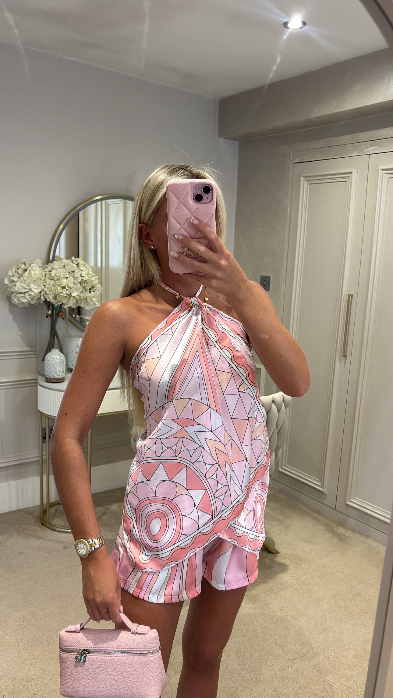 Silk pattern halter neck short set