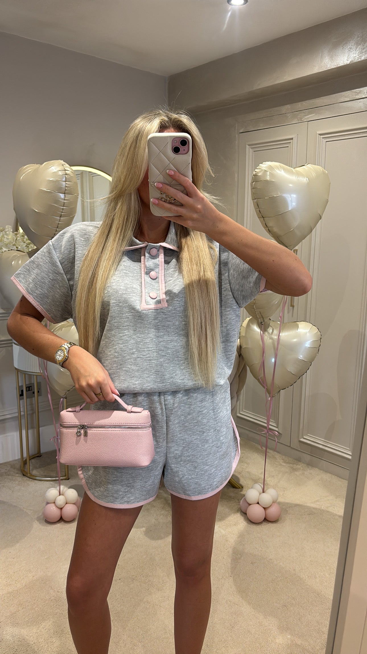 Button pink trim short set