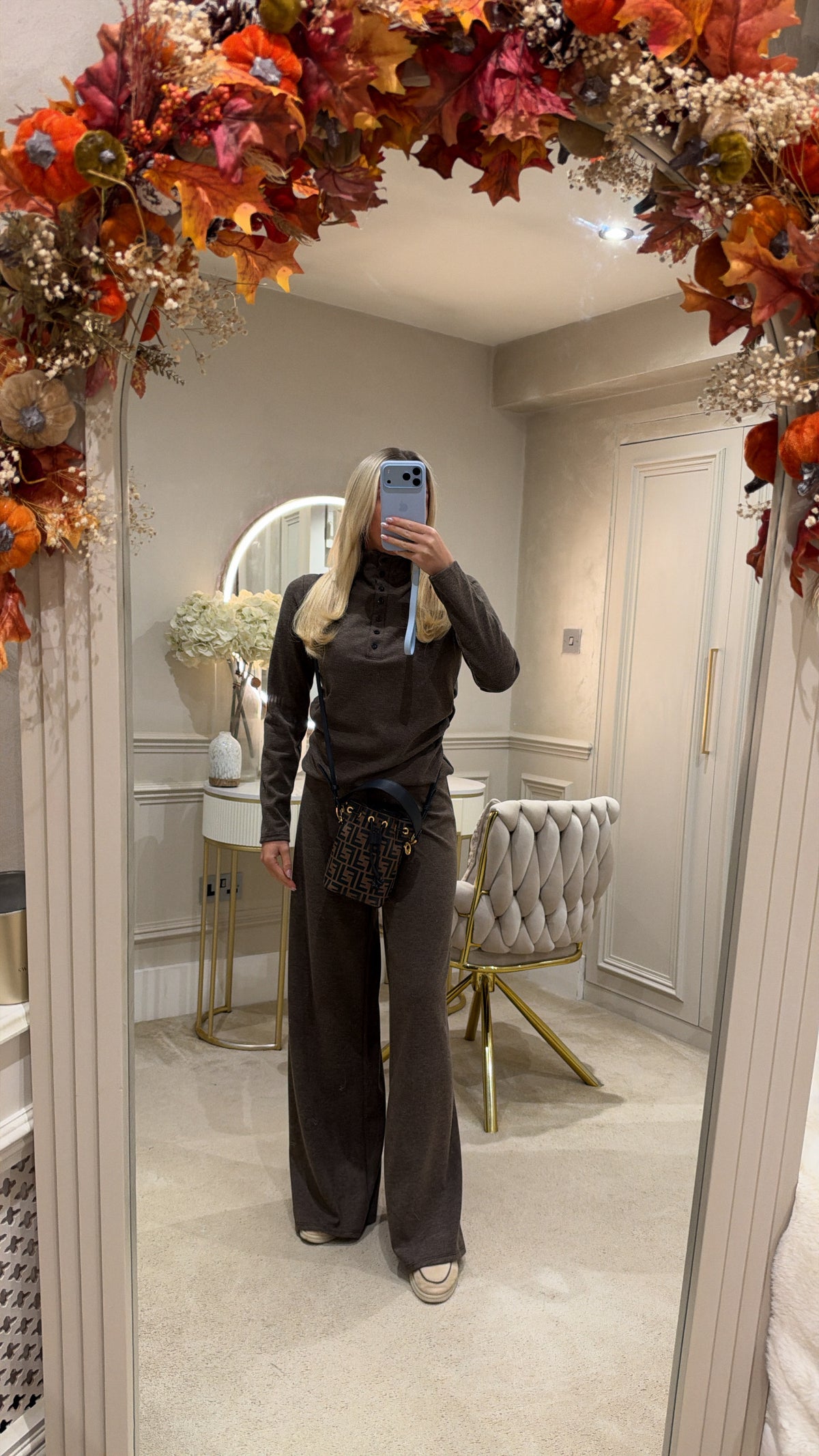 High neck button flared lounge set