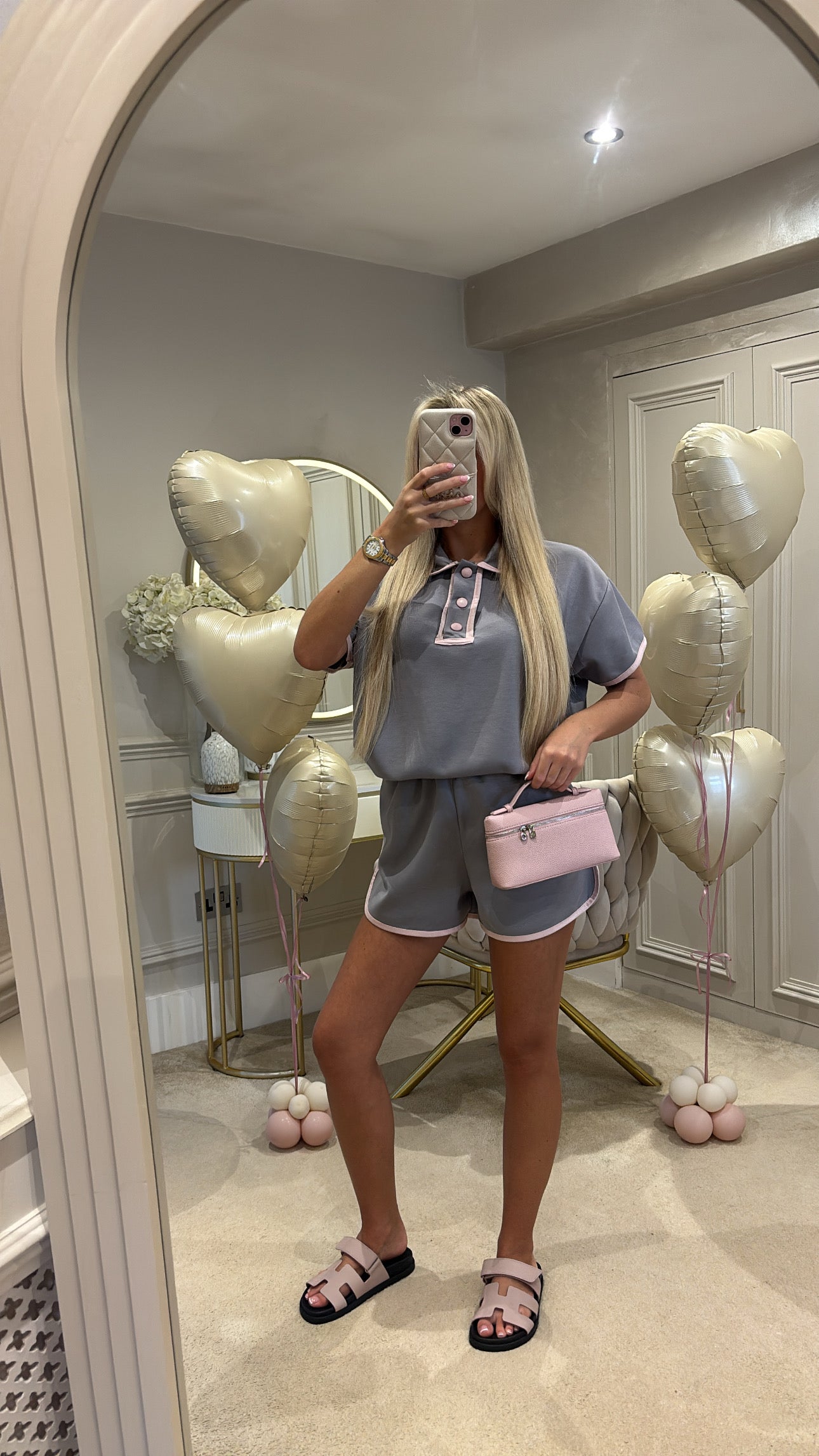 Button pink trim short set