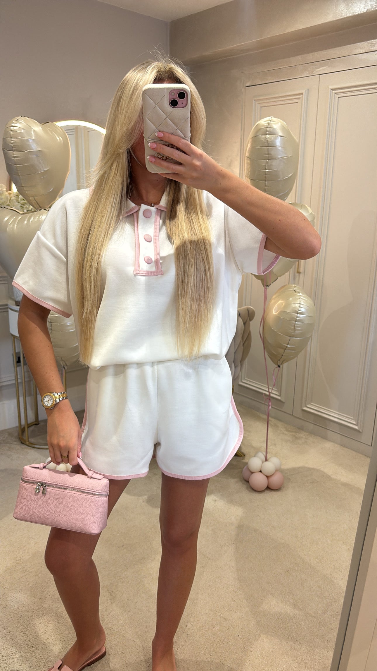 Button pink trim short set