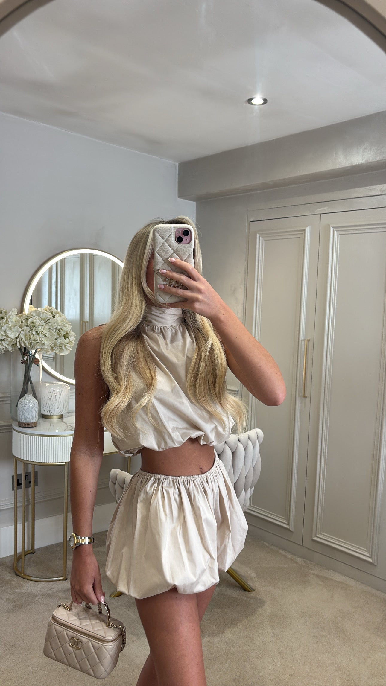 Halter neck puff ball short co-ord
