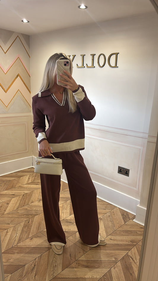 Stripe collar flared lounge set