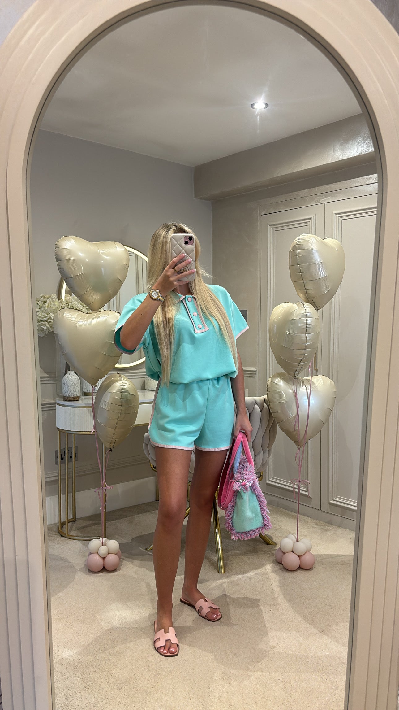 Button pink trim short set