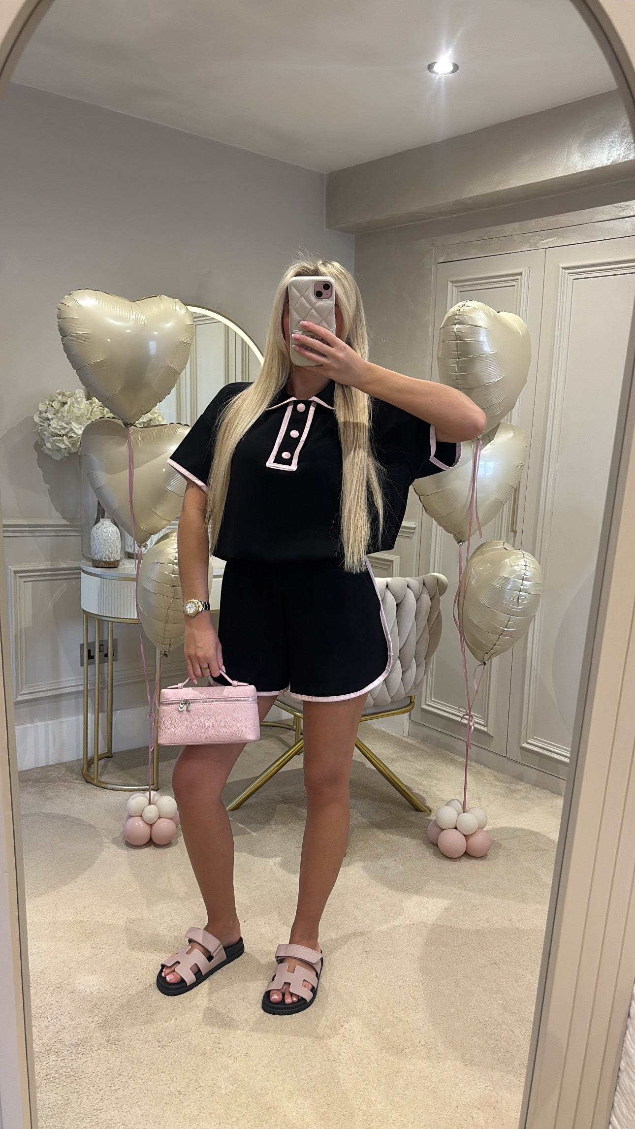 Button pink trim short set
