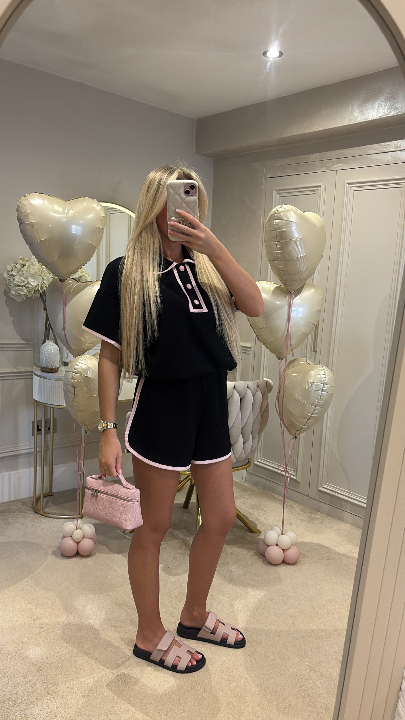 Button pink trim short set