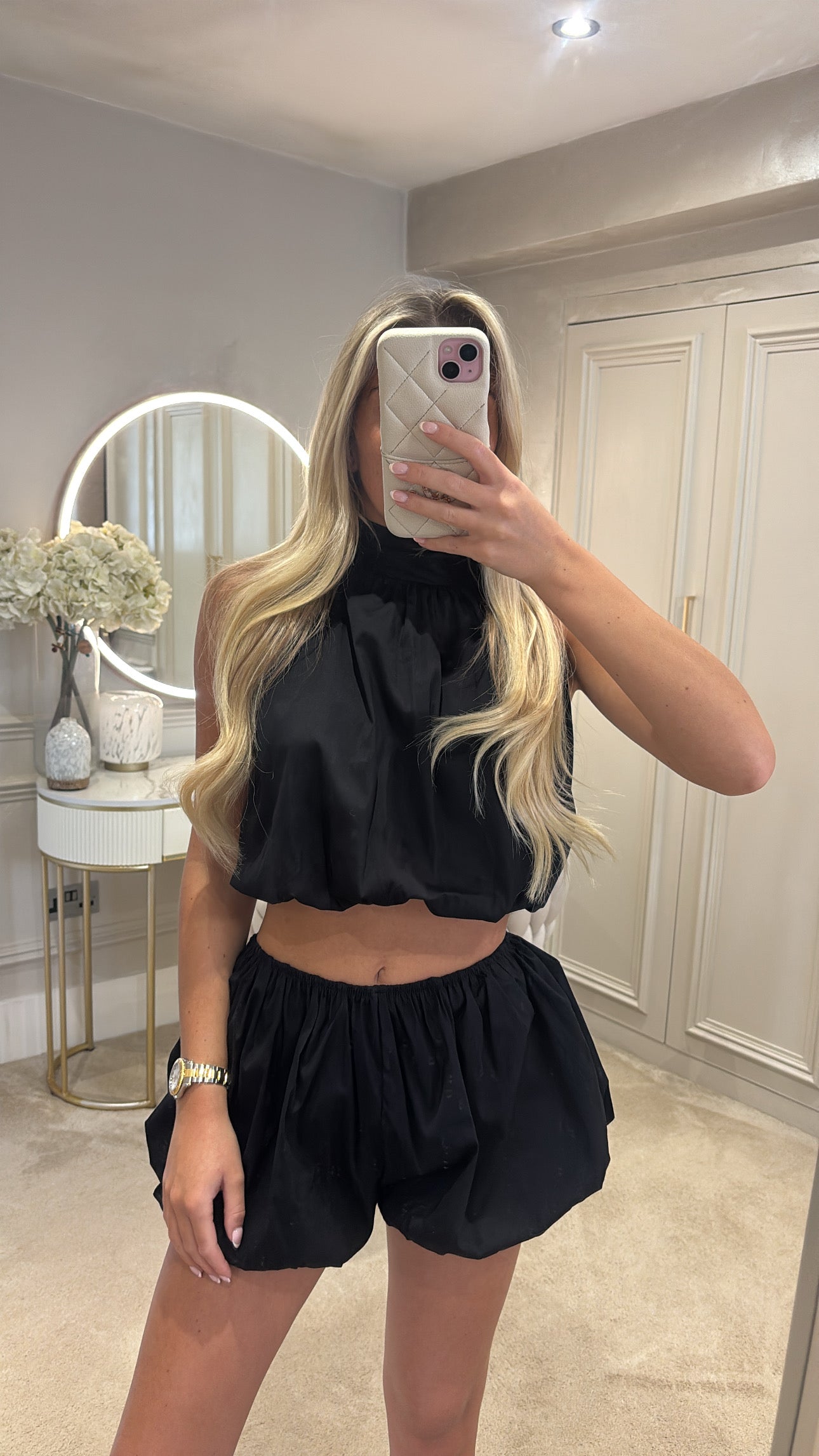 Halter neck puff ball short co-ord