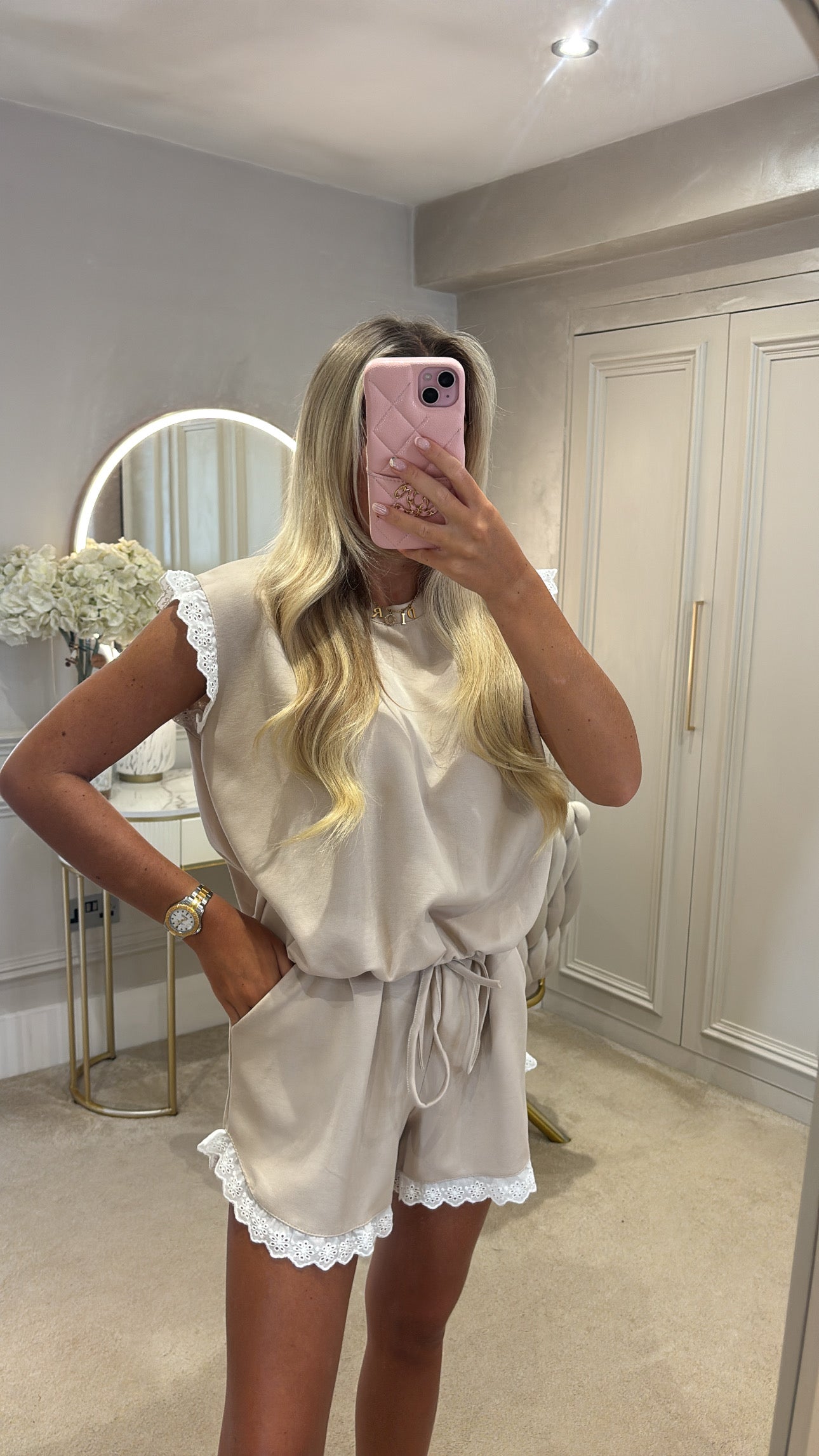 White embroidered trim short set