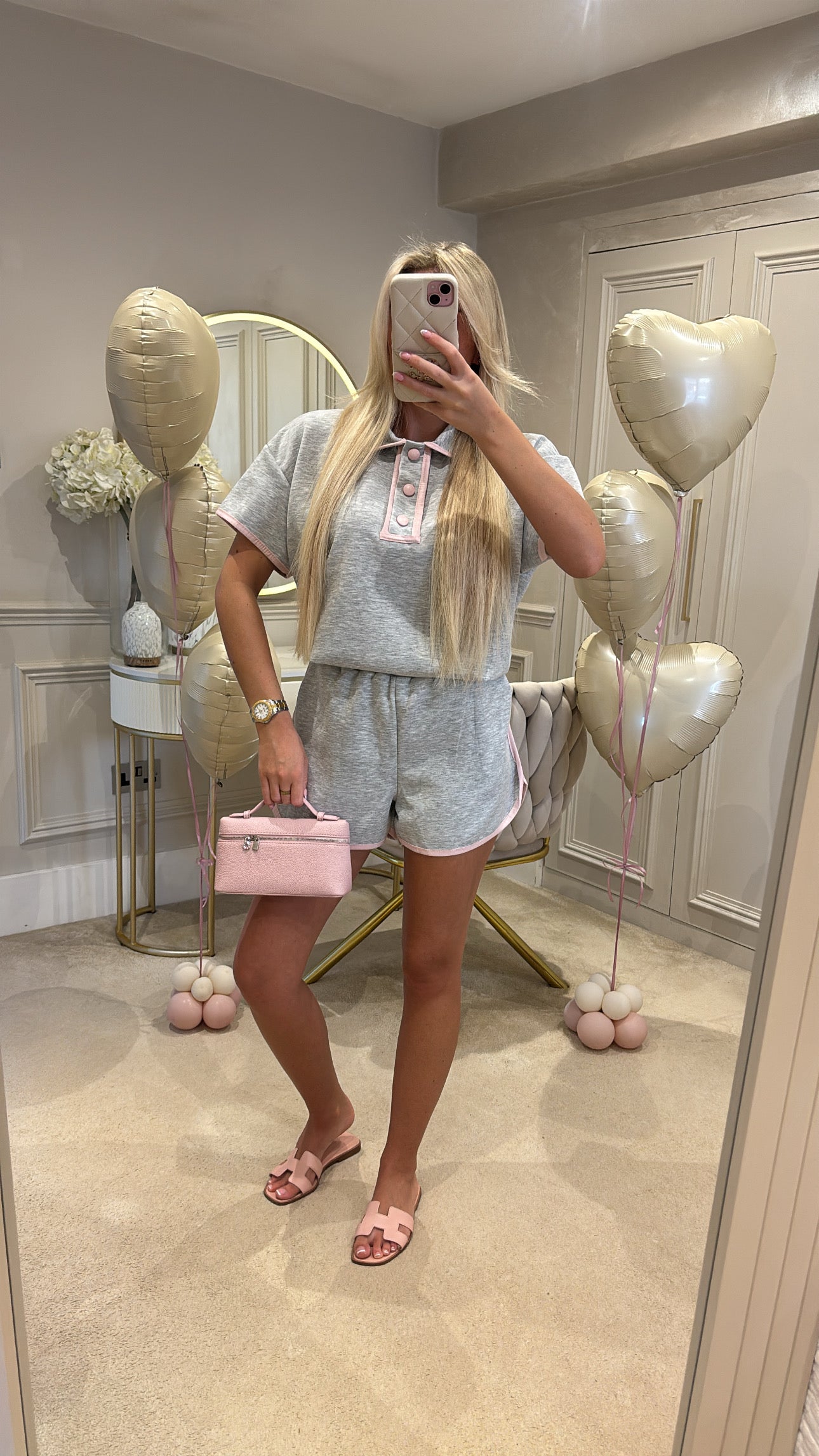 Button pink trim short set