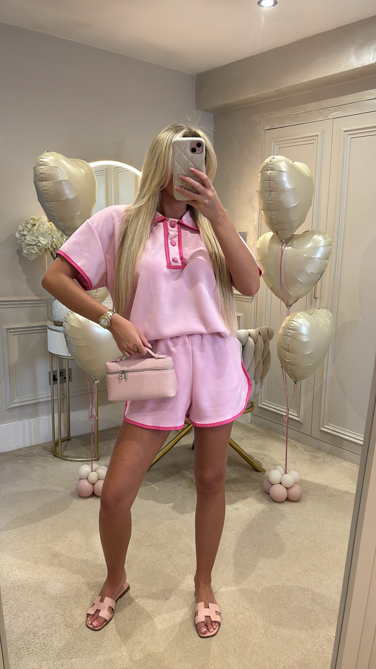 Button pink trim short set